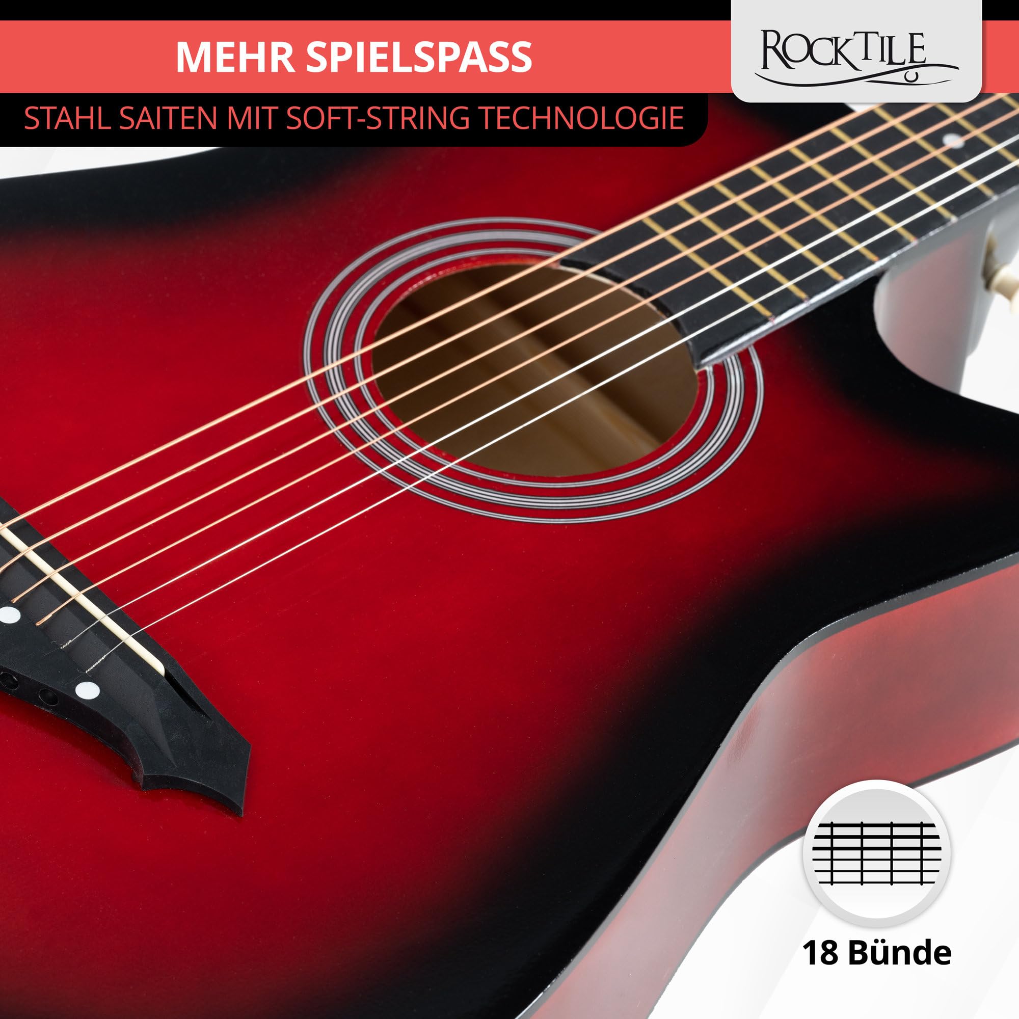 Rocktile WSD-5C-RDB Slim Line Set de Guitares Western - Guitare Acoustique Dreadnought - Corps en Tilleul - Manche : Catalpa - Set incluant housse, cordes de rechange, sangle et médiators - Redburst