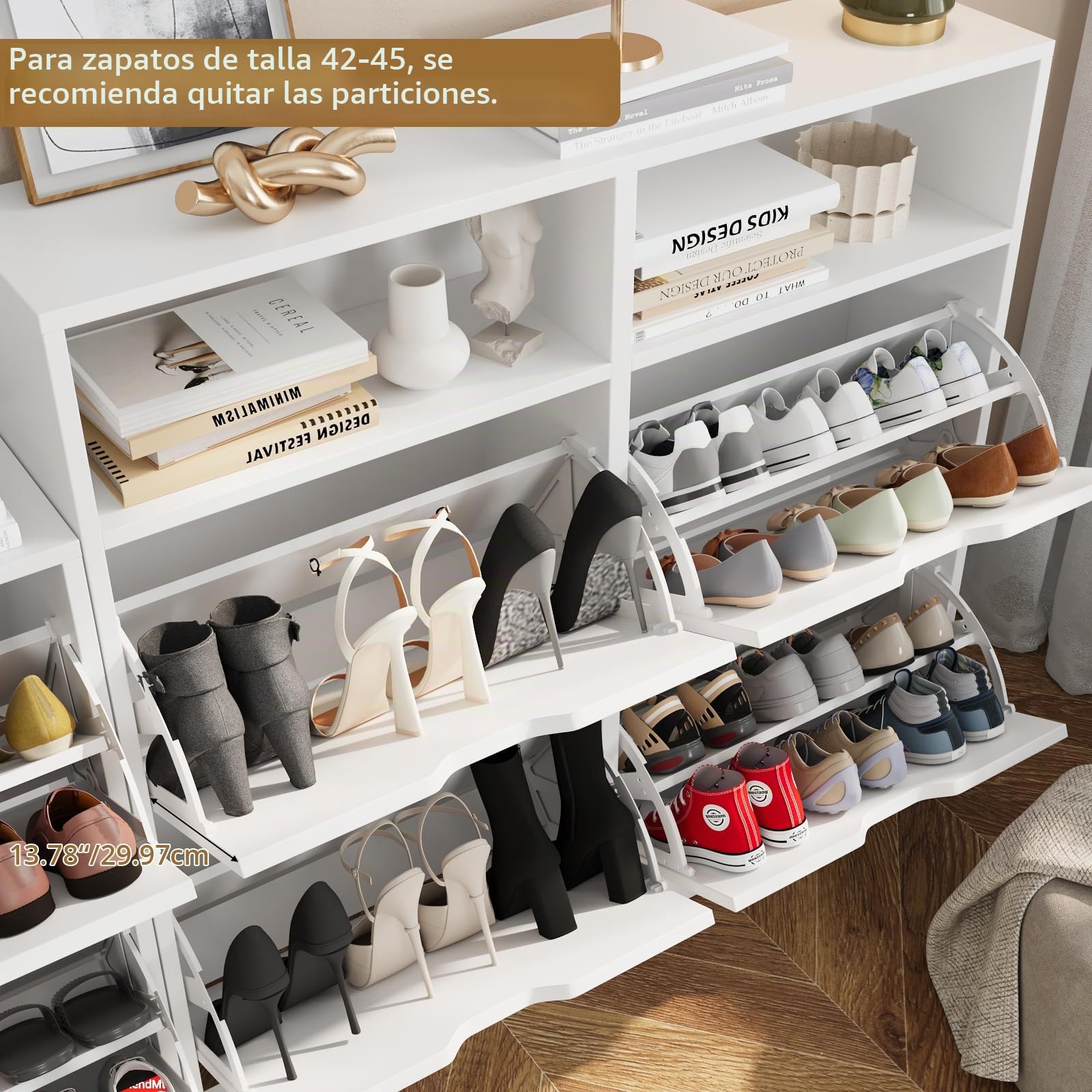 VOWNER Zapatero Entrada Recibidor, Zapatero Estrecho Blanco con 4 Puertas, 105 x 24 x 100 cm (Largo x Ancho x Alto), Madera, con Compartimento, para Entrada Estrecha, Pasillo