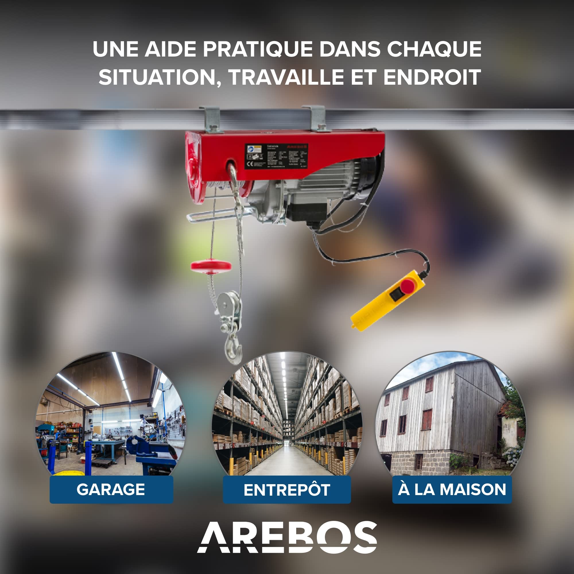 Arebos Treuil Palan électrique | 400/800 kg | 1300W | Treuil Palan à Chaine à Levier | Treuil palan à Ascenseur levage pour avec Télécommande, pour Chariot Élévateur, Entrepôts, Chantiers