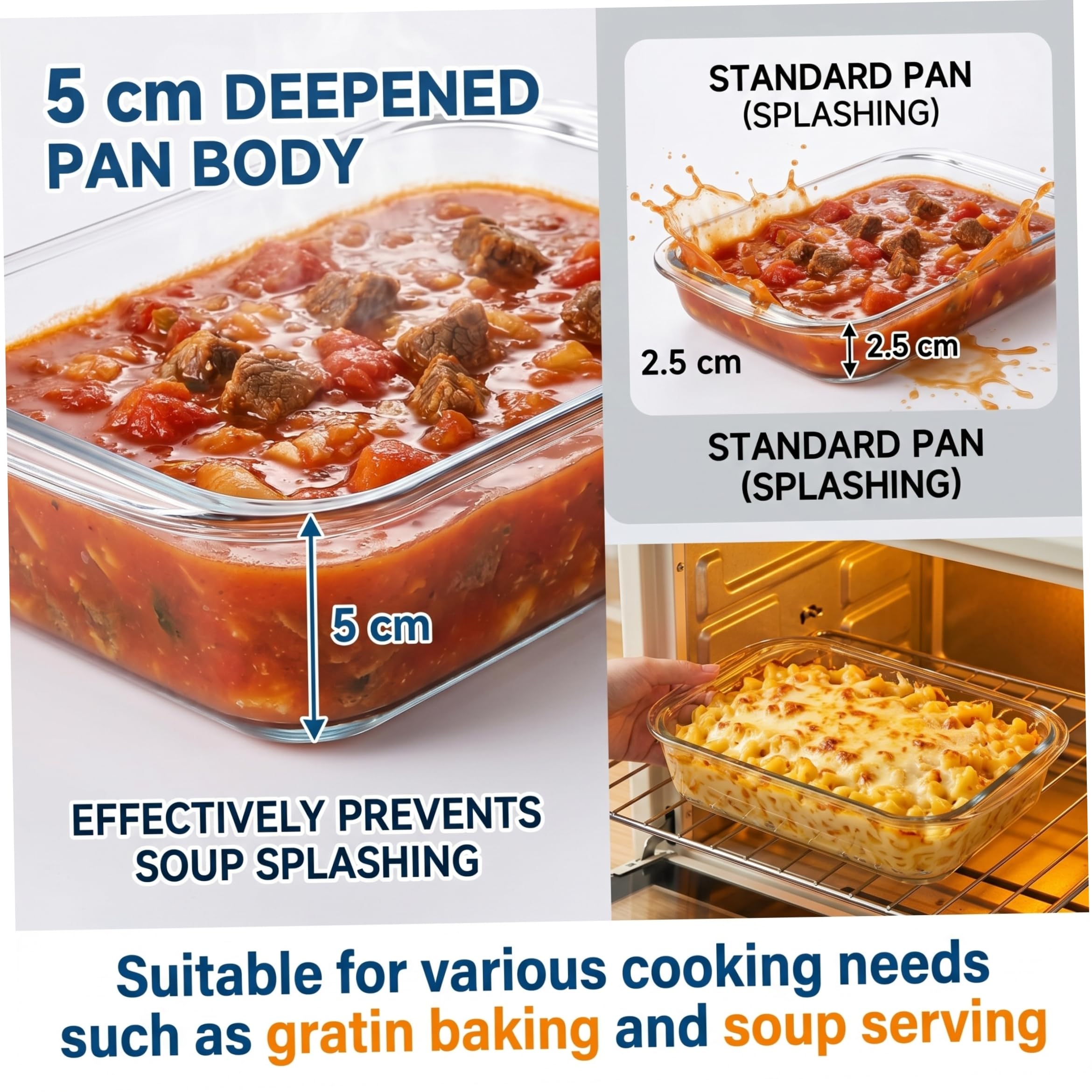 Teglia da forno in vetro, teglia da forno rettangolare in vetro, pirofila per lasagne borosilicato da 3 litri, 5 cm, adatta al e al microonde.