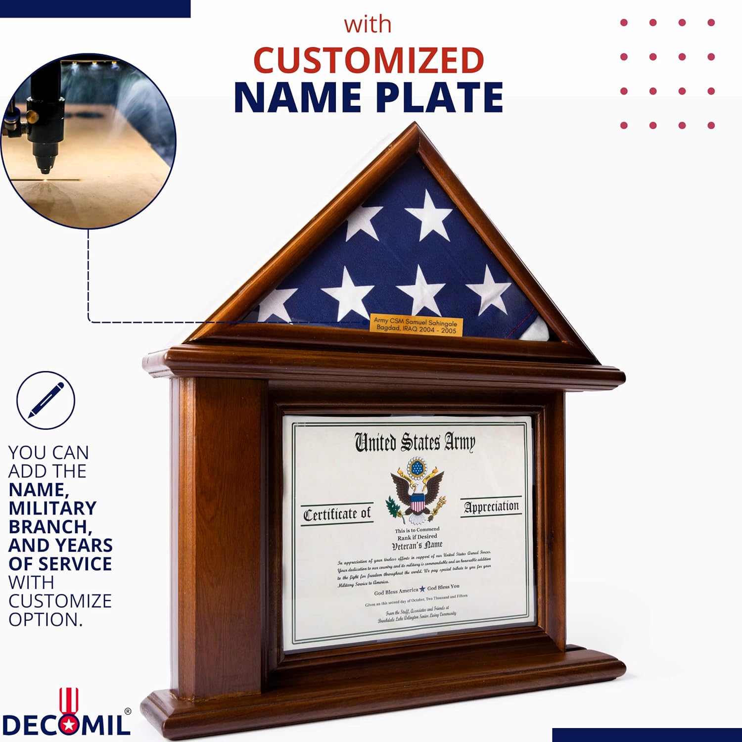 3x5 Flag Display Case with Certificate Holder - Customize Name Plate - Bold Design (Flag Box with Certificate) - Not for 5x9 Burial Flag