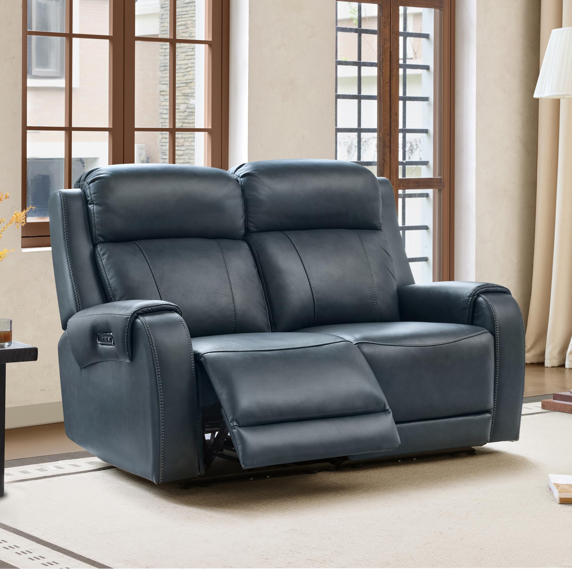 CHITA Genuine Leather Power Recliner Sofa, Loveseat Reclining Sofa, Navy