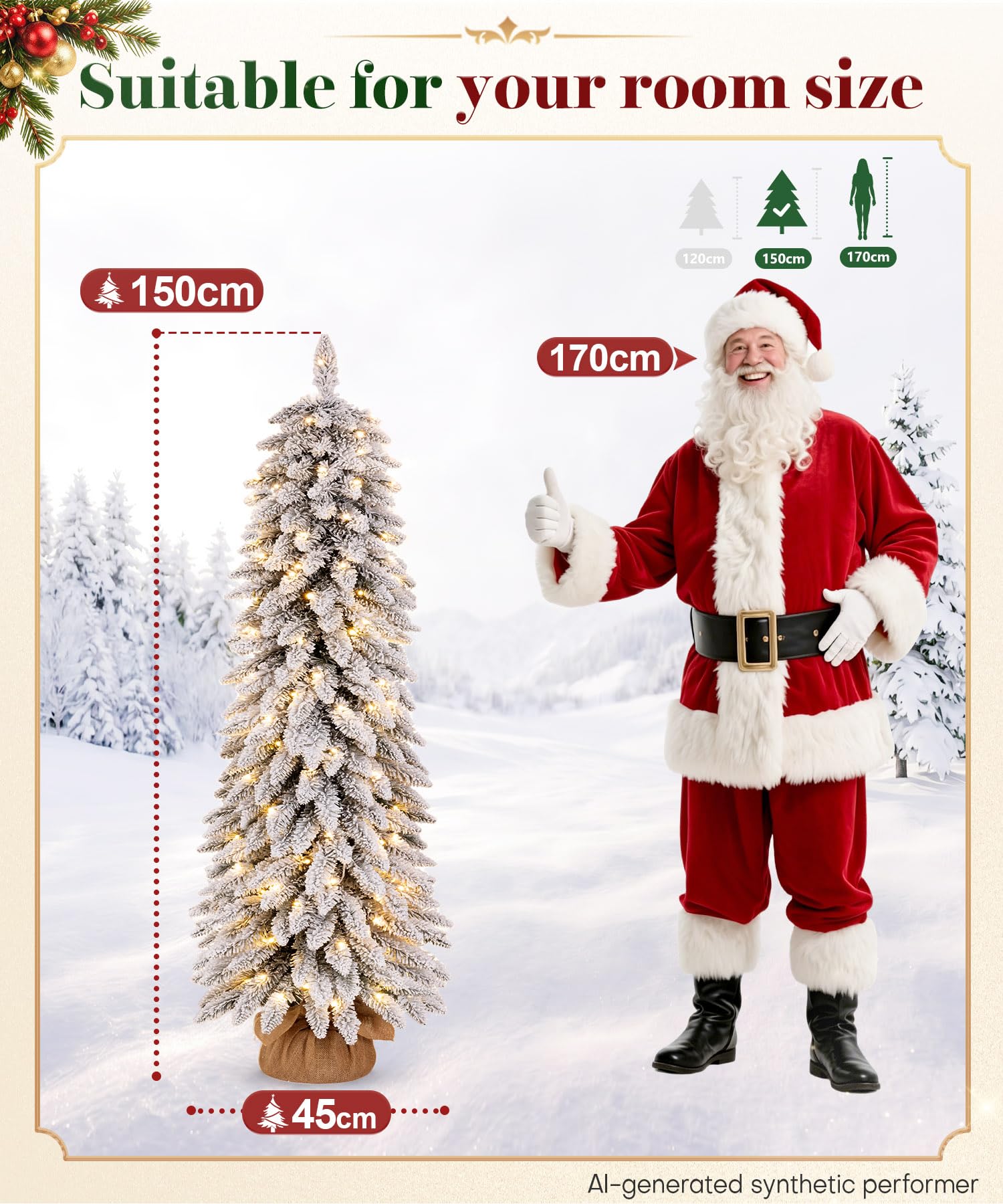 Yorbay Sapin de Noël Artificiel 150cm avec Neige: Sapin Slim en PVC avec Éclairage LED et Socle en Ciment – Décoration de Noël pour la Maison Bureau Commerce