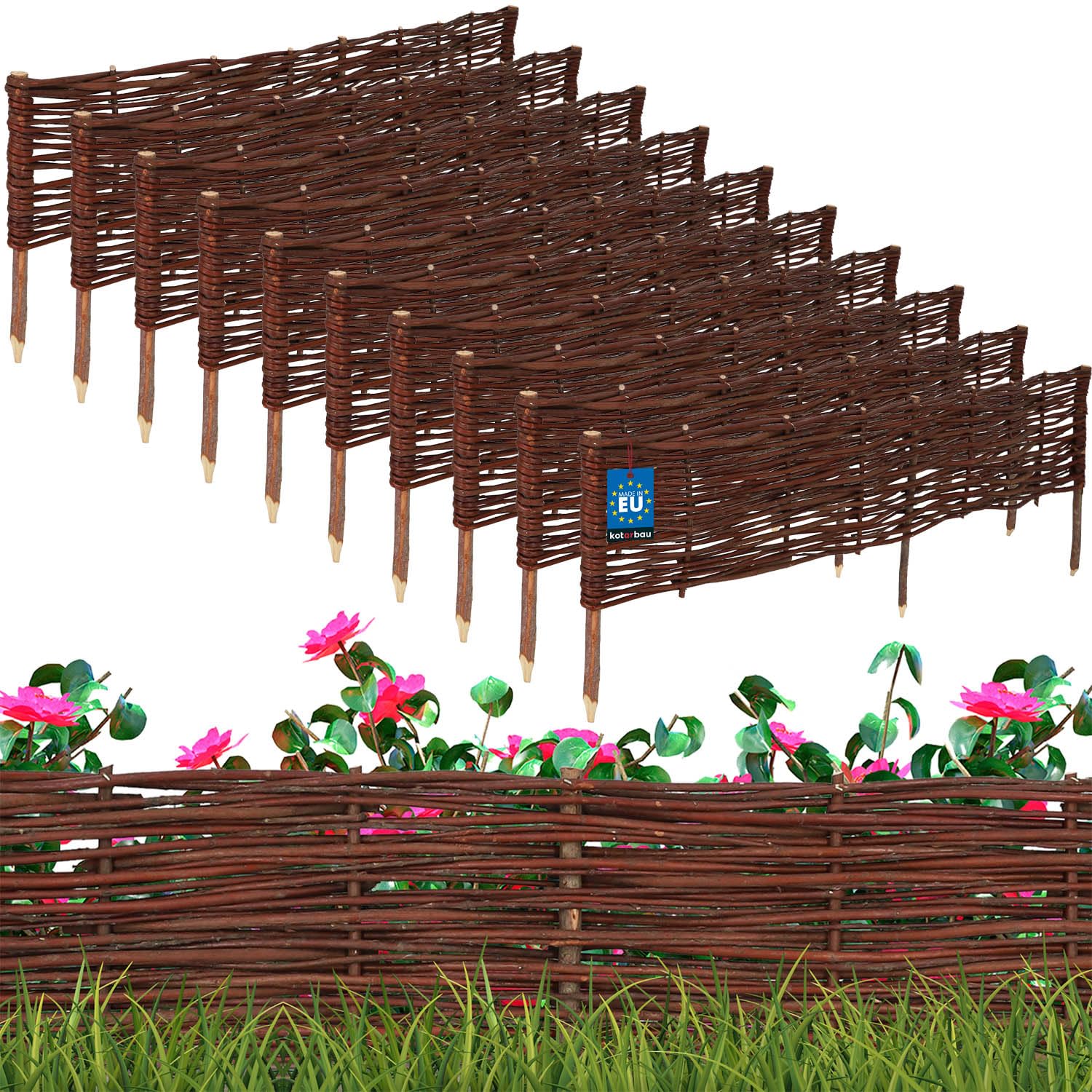 KOTARBAU® 10 pcs Lawn Edging - Garden Edging - Wicker Fence - 120 x 20 cm (47 x 7.87 inches) - Brown - Wooden Fencing - Decorative Fence for Flower and Herb