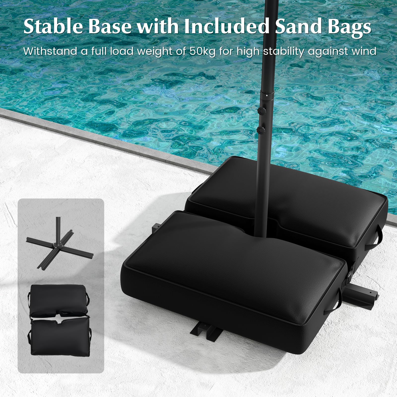 RELAX4LIFE Parasol Déporté 3x3M LED à Énergie Solaire, Parasol de Jardin Extérieur Inclinable avec Pied Incus, Imperméable à 8 Baleines, Protection UV pour Terrasse Patio Plage (Beige)