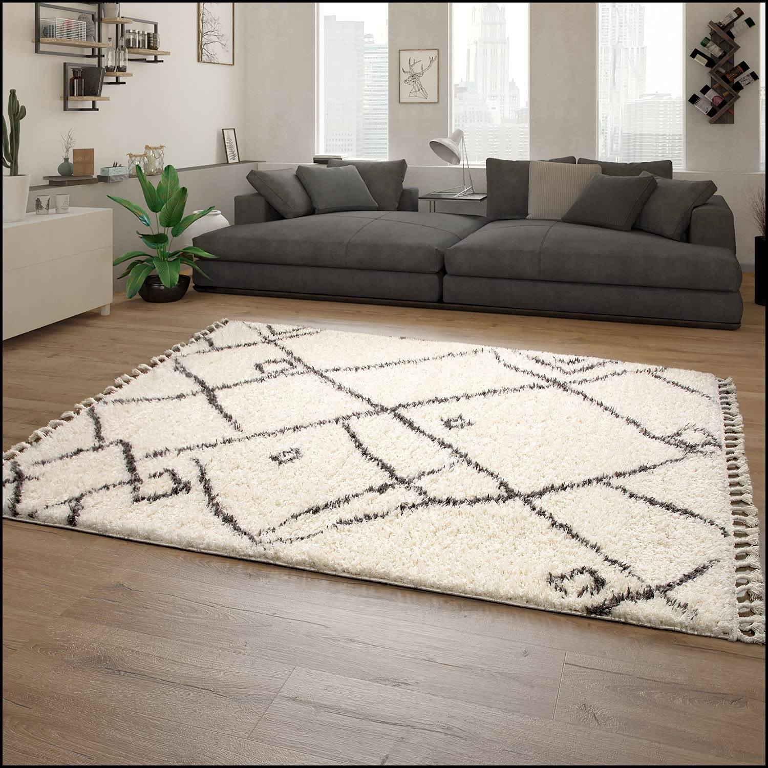 Paco Home Hochflor Teppich Wohnzimmer Shaggy Skandinavisch Fransen Flauschig Modern Langflor, Grösse:120x170 cm, Farbe:Creme 2