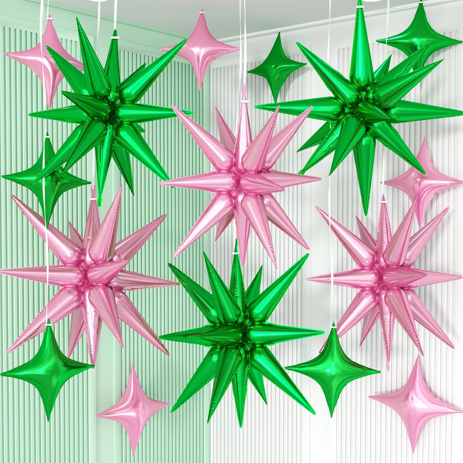 Photo 1 of Pink Green Star Balloons,6Pcs 22Inch Explosion Star Balloons and 10Pcs 10Inch Four Angle Balloon Kit for Witch Birthday Anniversary Disco Party Decorations