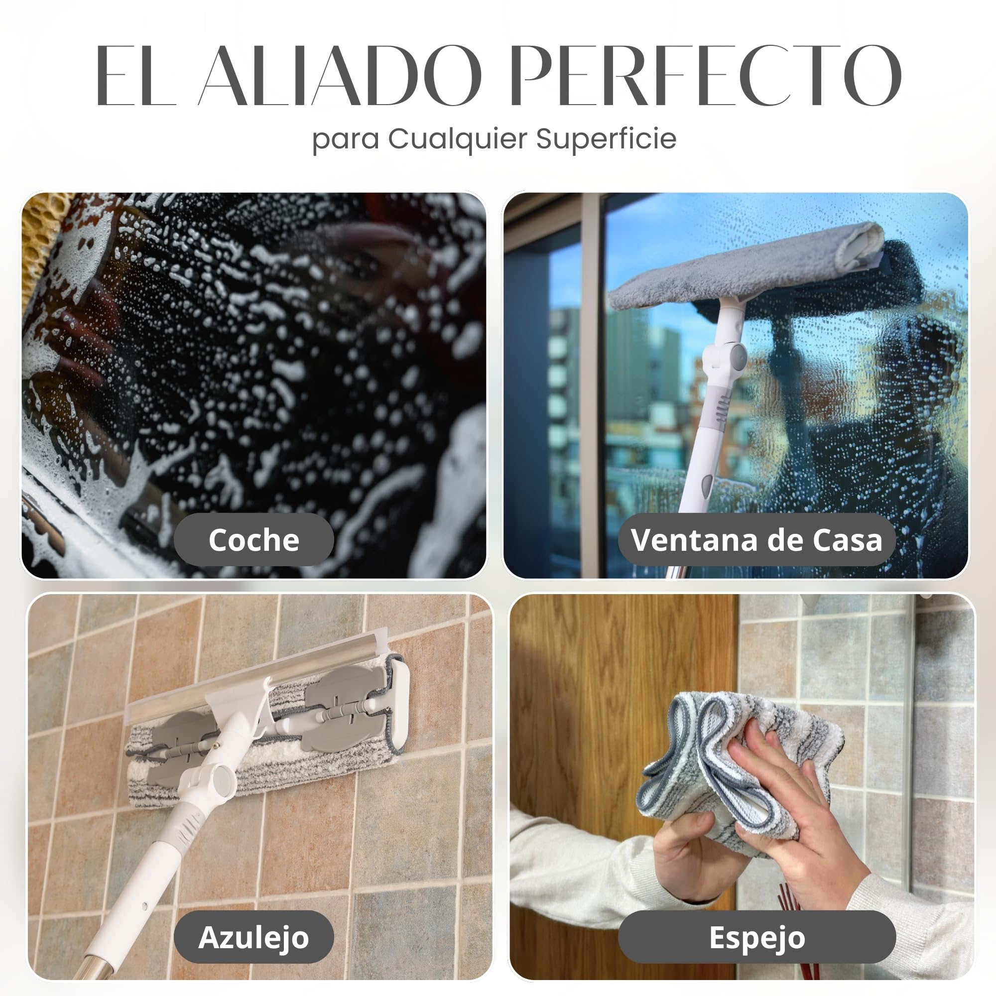 Kit Limpia Cristales Profesional con Palo Largo Extensible 2 en 1 (208 cm) | Rasqueta Limpiacristales Articulada para Ventanas | Cabezal Desmontable para Limpiar Ducha