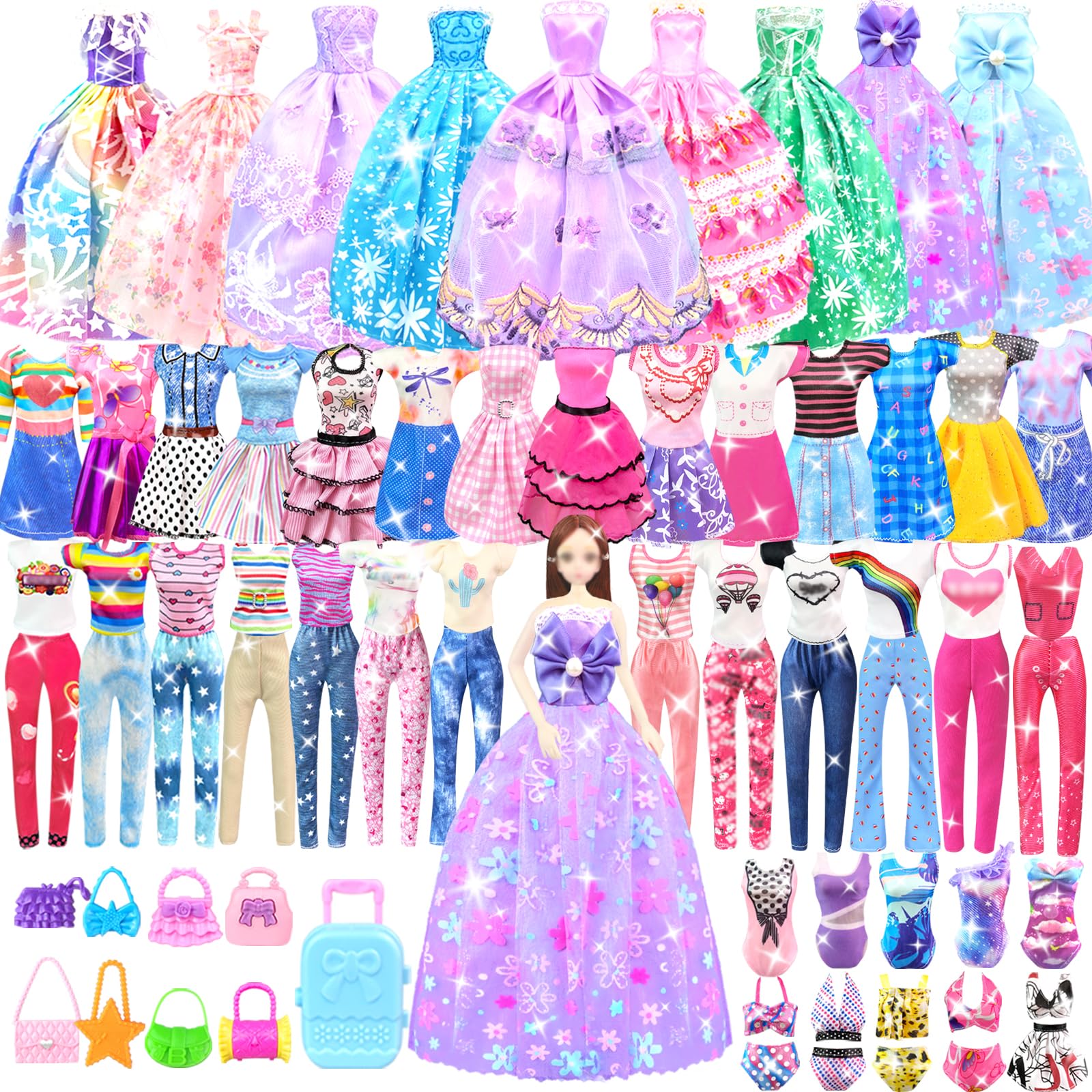 Doll Clothes and Accessories for 11.5 Inch Doll Dress up Set with Princess Gowns Fashion Dresses Outfits Tops and Pants Bags Gift Toys for Girls 4 5 6 7 8 9 10 Years Christmas Birthday