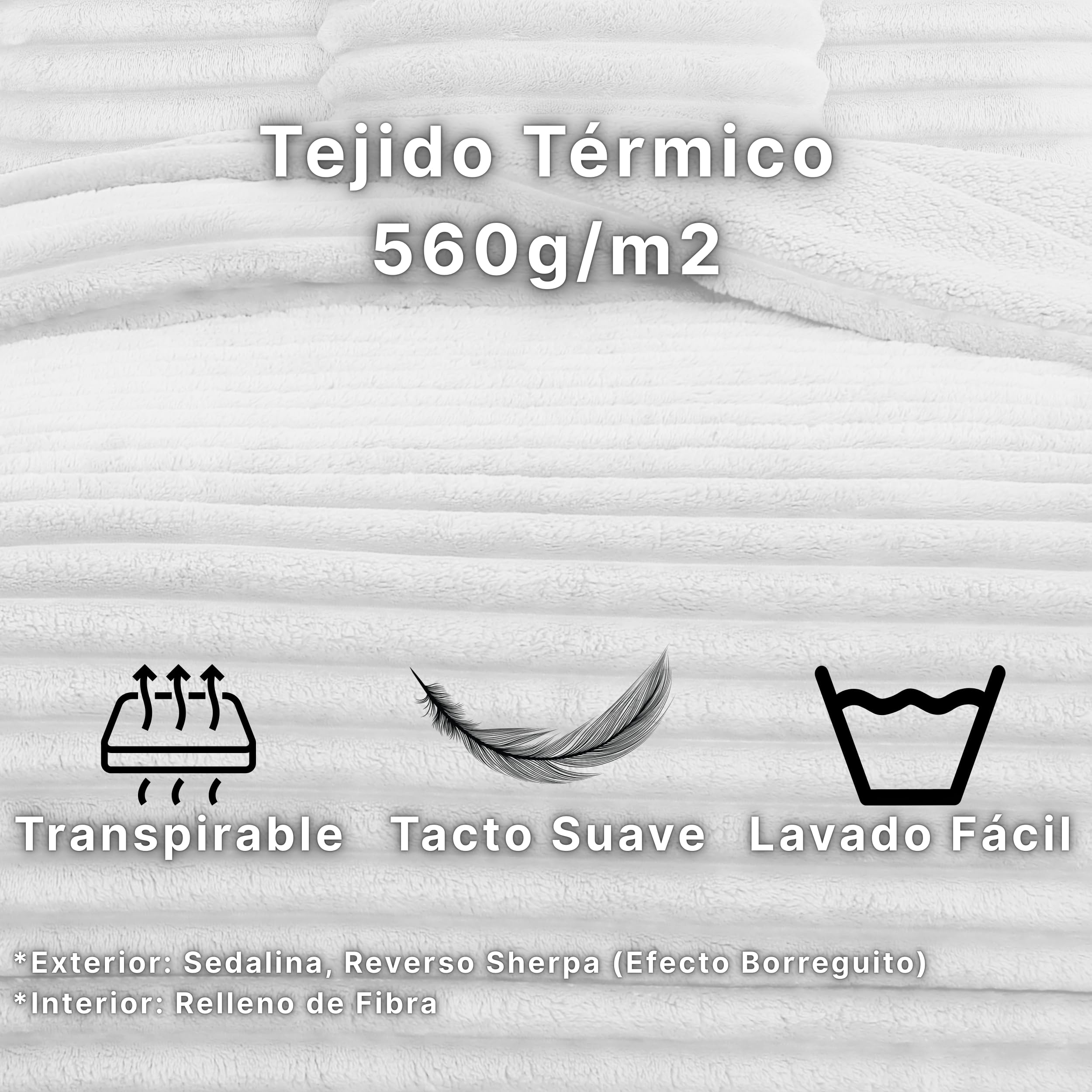 NOVOTEXTIL Edredón Invierno Sherpa Cama 150 (250x260) Extra Grueso 560gr/m2 Efecto Borreguito - Edredón Suave, Cálido y Transpirable con 2 Fundas Almohada (50x70) (Estocolmo Blanco)