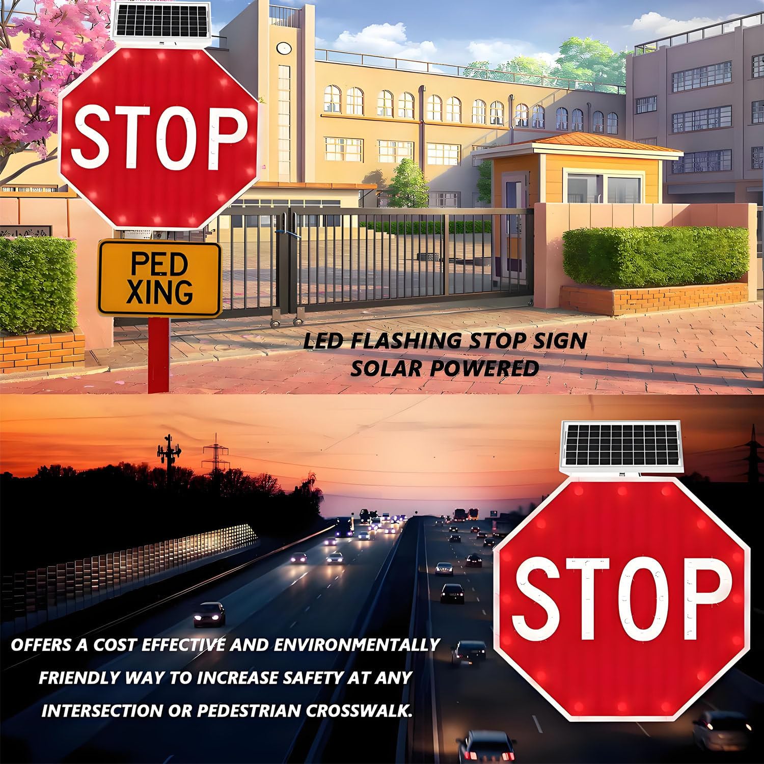 Señales de tráfico solares Intermitentes, señal de tráfico Octagonal de Aluminio, con película Reflectante de Grado Industrial, señal de Stop LED Intermitente con energía Solar 32IN-2