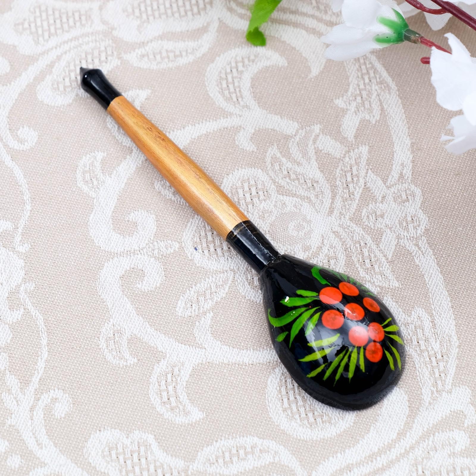 AEVVV Juego de 6 cucharas de madera rusas pintadas a mano Khokhloma tradicional eslavo estilo folclórico decoración rojo dorado negro abedul utensilios coleccionables