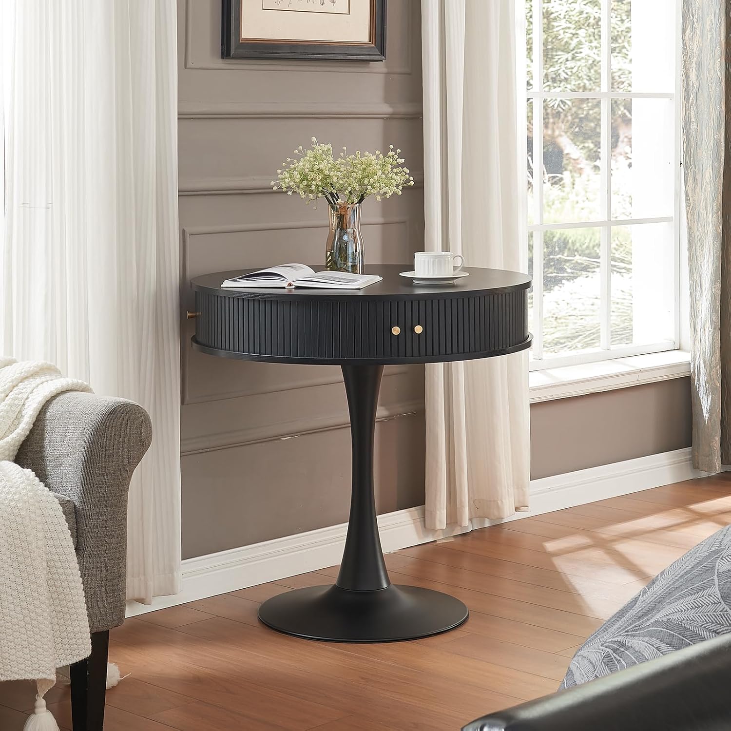 31.5" Round Fluted Pedestal Table for 2-4, Black Circle Kitchen Dinner Table with Hidden Storage, 31''H Small Tulip Breakfast Desk with Sliding Doors, Metal Base for Kitchen, Cafe, Patio, Courtyard