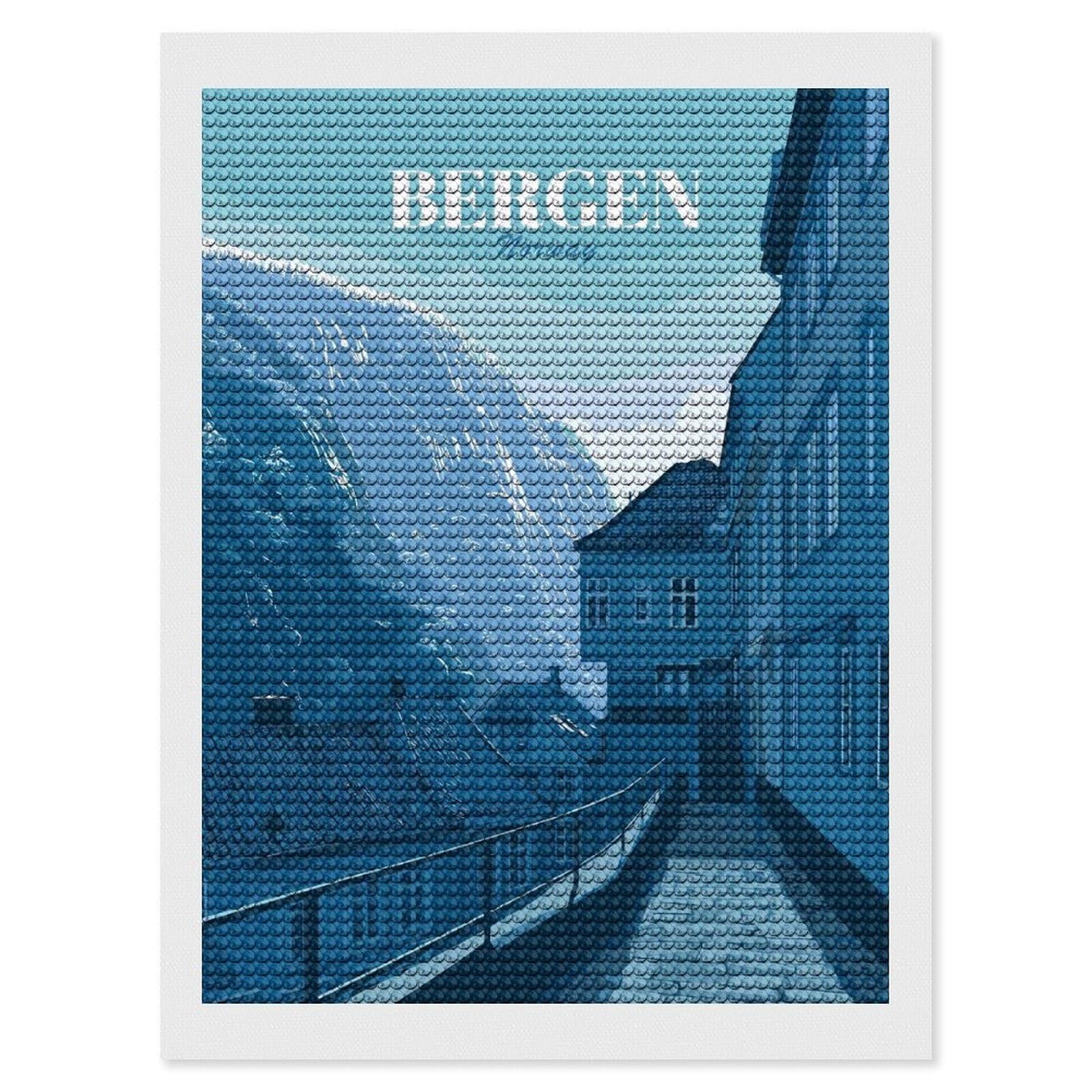 Junmoney Bergen, Norway Travel Diamond Painting Canvas Set 12"x16", Mindful Craft Activity, Nice Detail and Sparkle, Farmhouse Decor, Birthday Gift