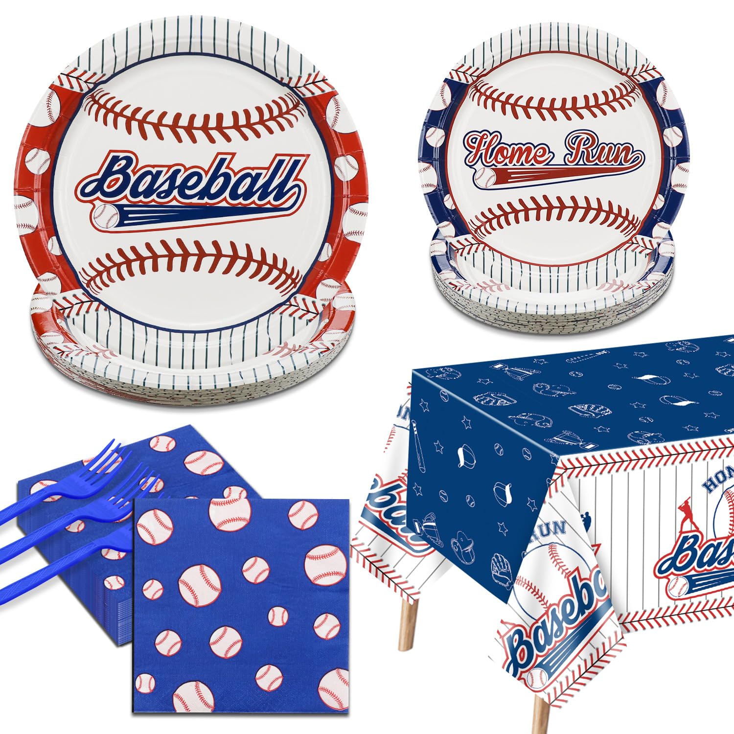 Baseball Party Decorations - 81Pcs Baseball Plates and Napkins Sets, Tablecloth, Blue Forks for Sports Fans Kid Adult Birthday Party Supplies, Serve