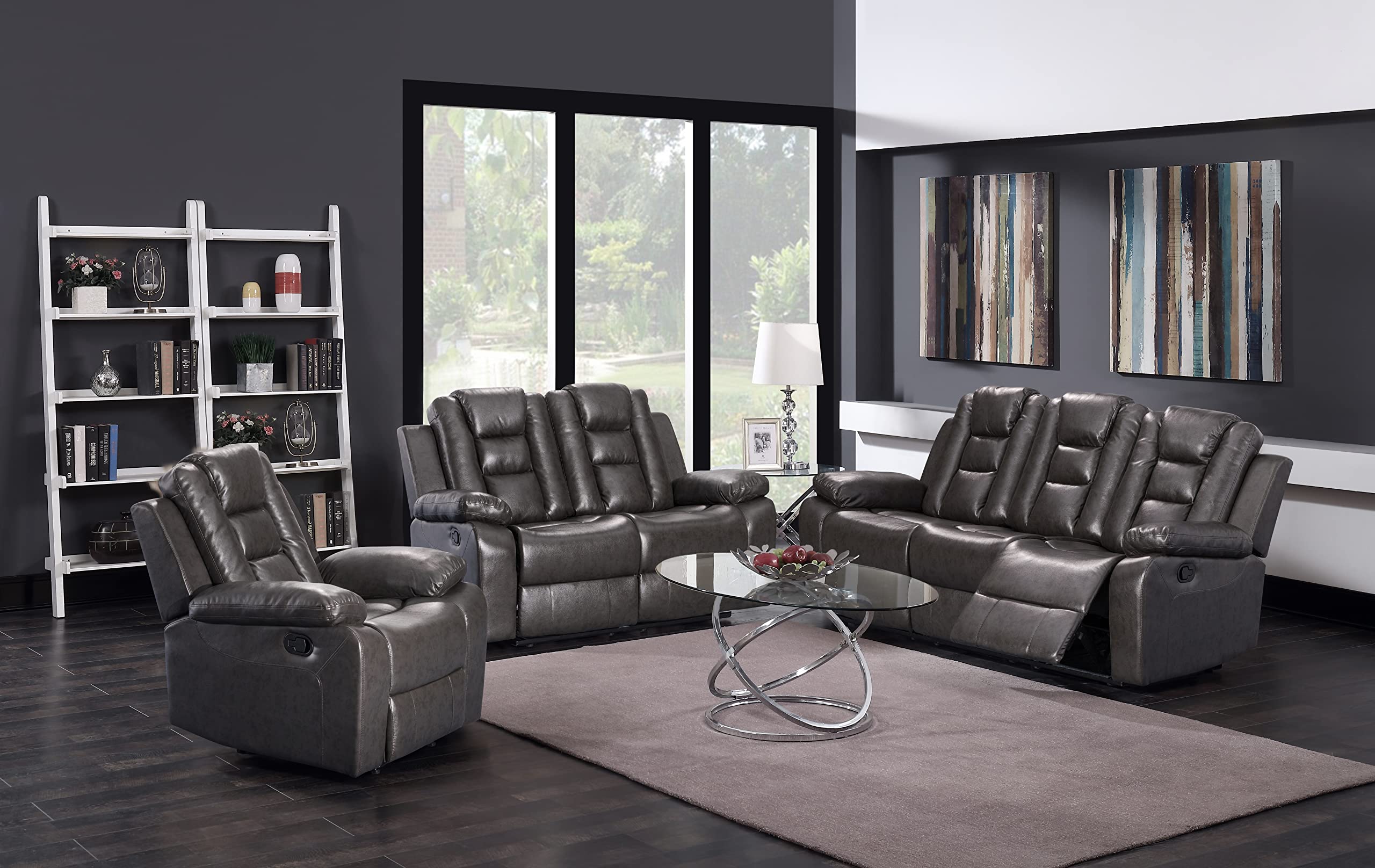 GTU Furniture 2PCS/3PCS Grey Living Room Reclining Sofa Set, Faux Leather Recliner Sofa, Loveseat, Chair Set (3-Piece Set)