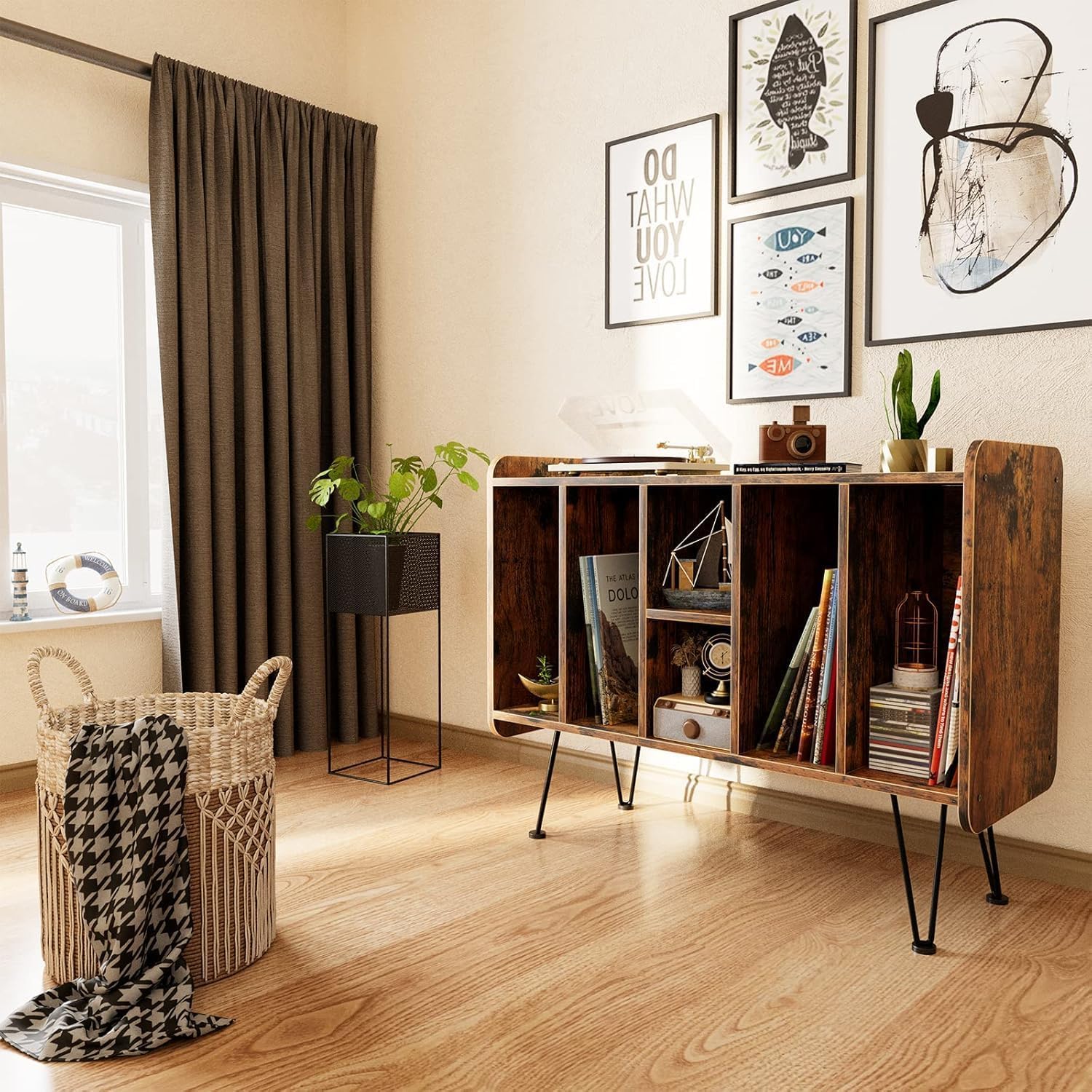 Plattenspielerständer Mit Aufbewahrung, Plattenspieler Regal, Plattenspielertisch, Schallplatten Aufbewahrung Mit Plattenspieler, Schallplattenständer für bis zu 300 Alben, Beistelltisch, Braun