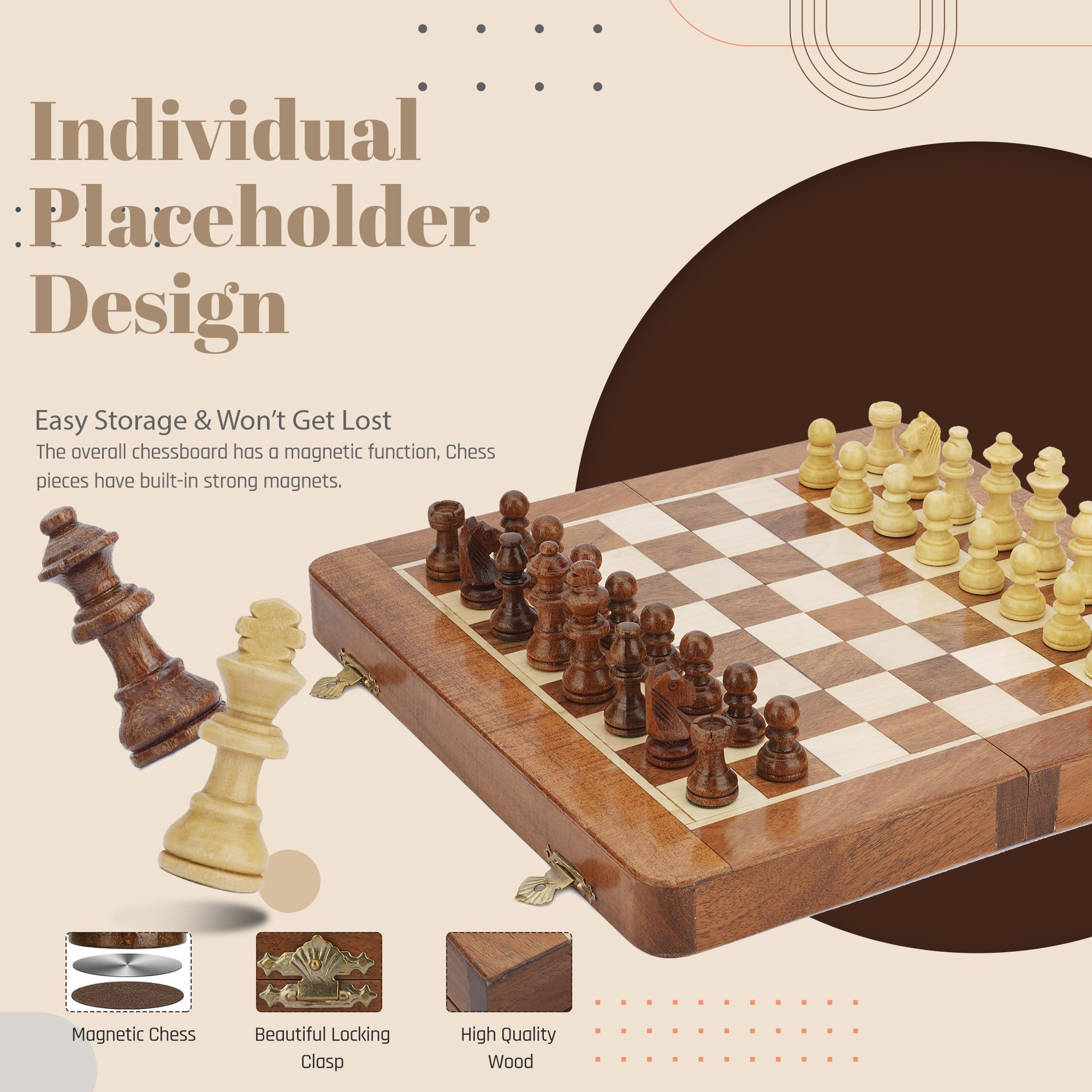 Ajuny Set di Scacchi da Viaggio Magnetici Decorativi - Legno di Acacia Realizzato a mano, Gioco da Tavolo Pieghevole con Eleganti età di Conservazione per Adulti e Bambini 12x12 pollici