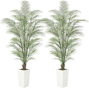 6FT Fake Palm Tree Faux Areca Palm Plants with Full Lifelike Palm Leaves Realistic Trunks Fake Tropical Palm Tree for Indoor Home Office Outdoor Yard Décor with Tall Trapezoidal Prism White Pot 2 PCS