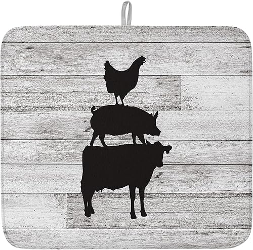 Miniatura 1 de Tapete de secado de platos con siluetas de vaca de pollo y cerdo para encimera de cocina, Farm Life Retro gris rayas de madera grano de microfibra