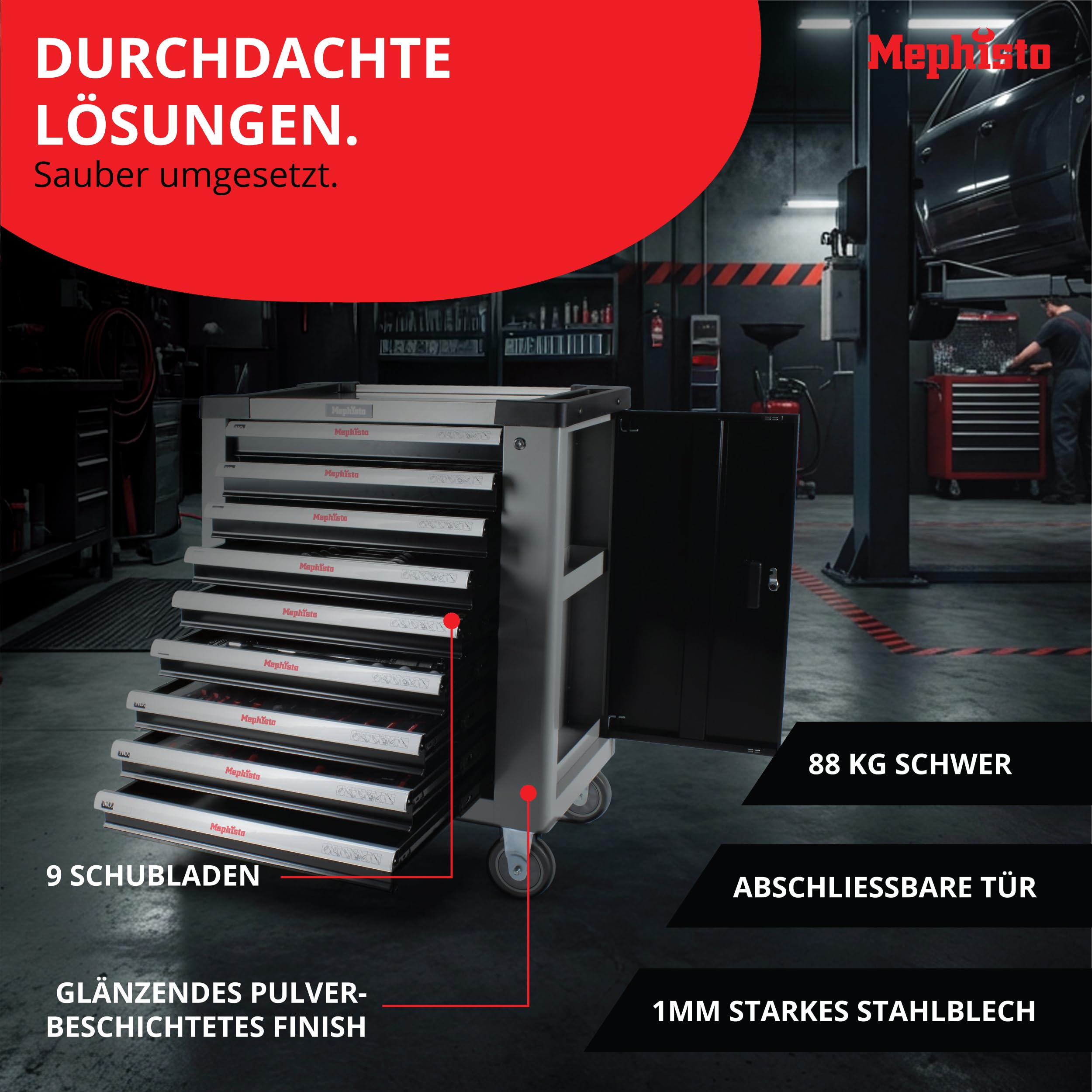 Mephisto Werkzeugwagen Werkstattwagen mit 9 Schubladen Davon 8 mit Werkzeug wie Schraubenschlüssel, Ratsche mit Nusskasten, Schraubendreher usw. in Soft Inlays in Carbonoptik gefüllte Schubladen