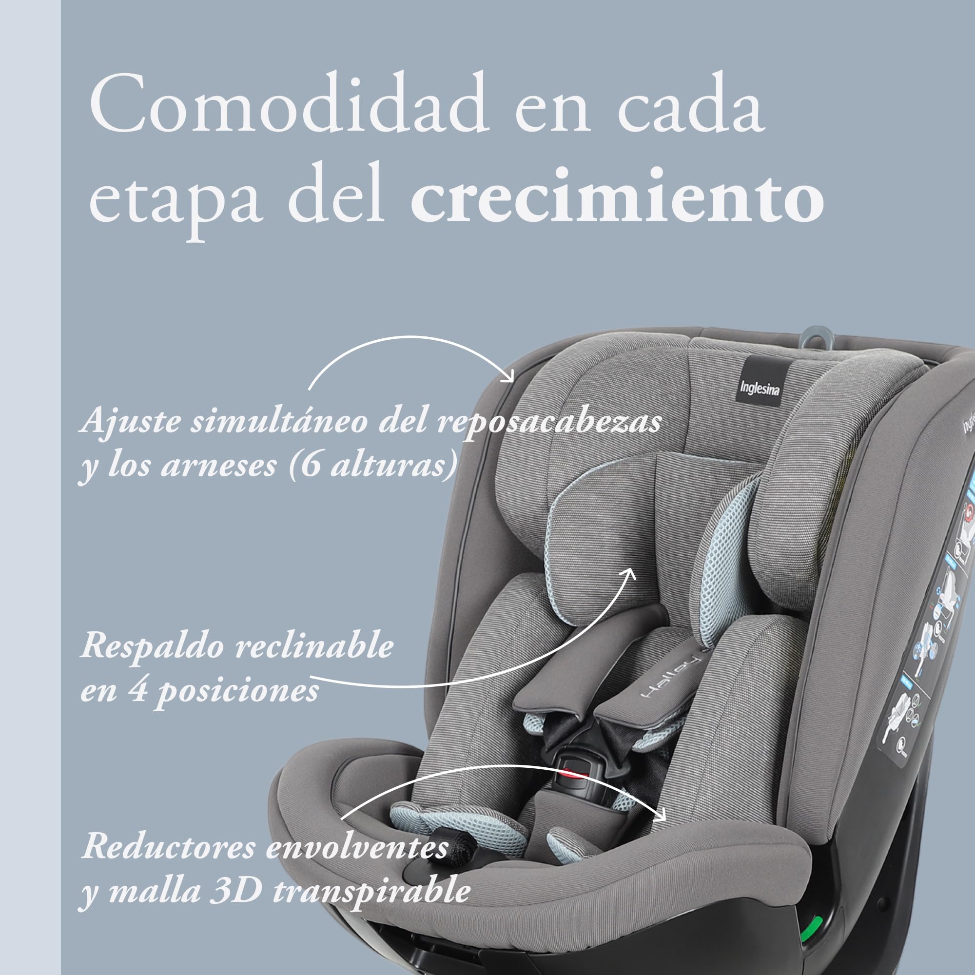 Inglesina Halley Pro, Grey, Silla de Coche Giratoria 360° ISOFIX, de 0 a 12 Años (40-150 cm), Reclinable y Transpirable, Homologada ECE R129/03