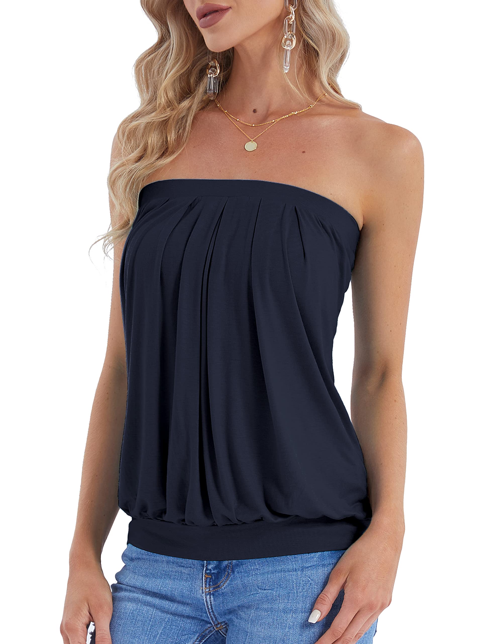 DJT Women's Summer Beach Tie Dye Sleeveless Stretchy Pleated Tube Tops