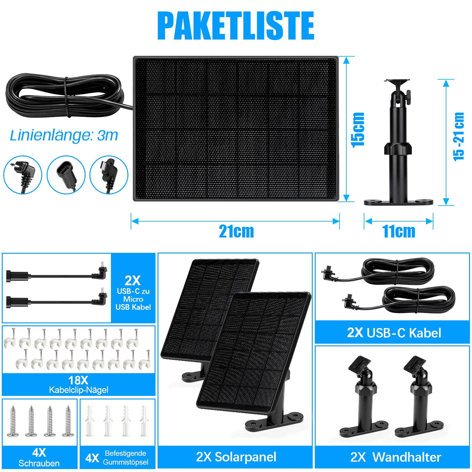 6W Solarpanel für Blink Kamera, Micro USB & USB C Input Solarmodul Kompatibel mit Blink Outdoor 4 (4. Gen)/(3. Gen) XT3/XT2/XT-Kameras, Biuld-In 2500 mAh Batterien, 9,8ft Ladekabel, IP65 Wasserdicht