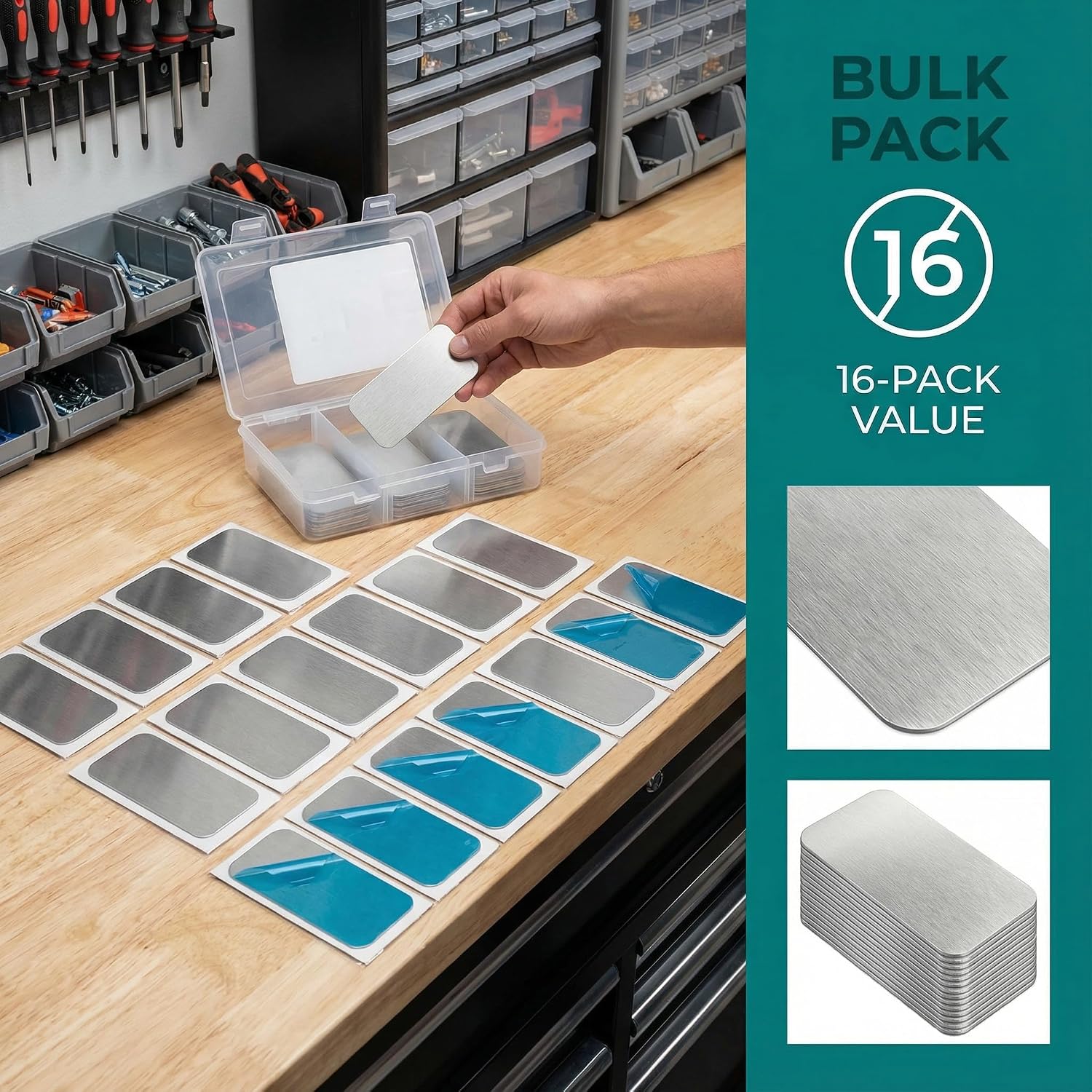 16 Pack Adhesive Metal Plates for Magnetic Mounting,Sticky Metal Plates for Under Cabinet Lights, Self Adhesive Rectangular Steel Plates, 2.35" x 1.18"