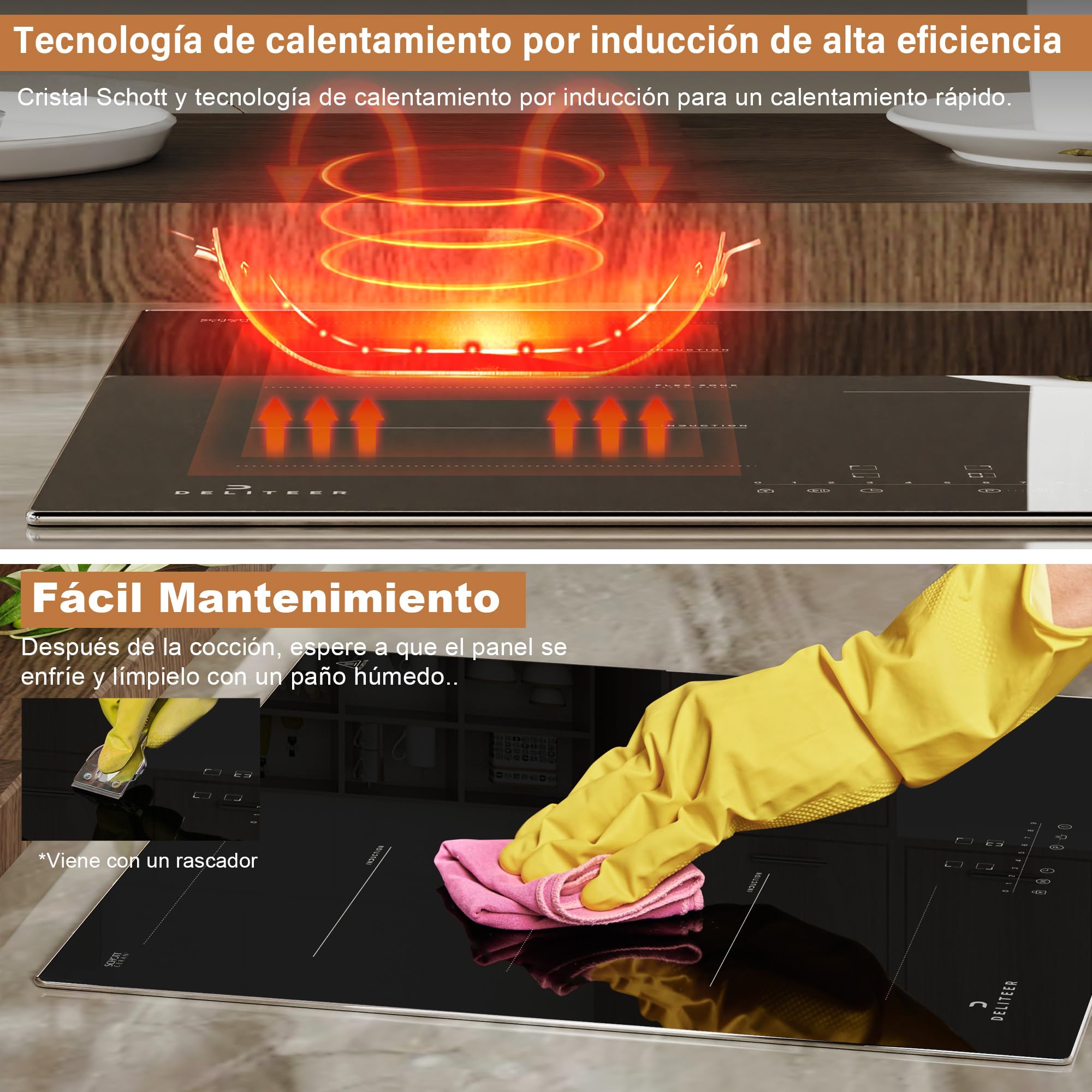 Placa Induccion 3 Fuegos, 60 cm, Marco de Acero Inoxidable | Empotrado, Zona Flexible, Bloqueo de Seguridad Para Niños, Temporizador, 220 V~240 V, 6800 W