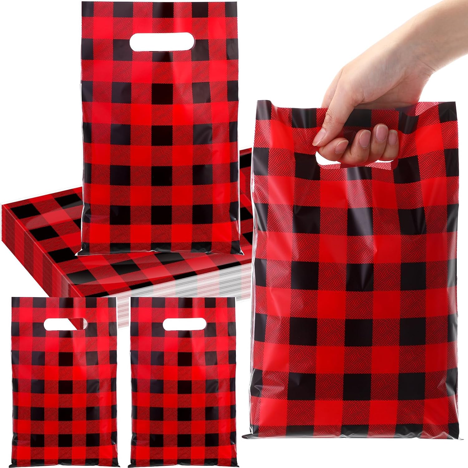 Honoson 100 Pcs Christmas Plastic Gift Bags Bulk Christmas Merchandise Buffalo Plaid Goodie Candy Bags with Handle 8" x 12'' for Boutique Xmas Party Favor Decor