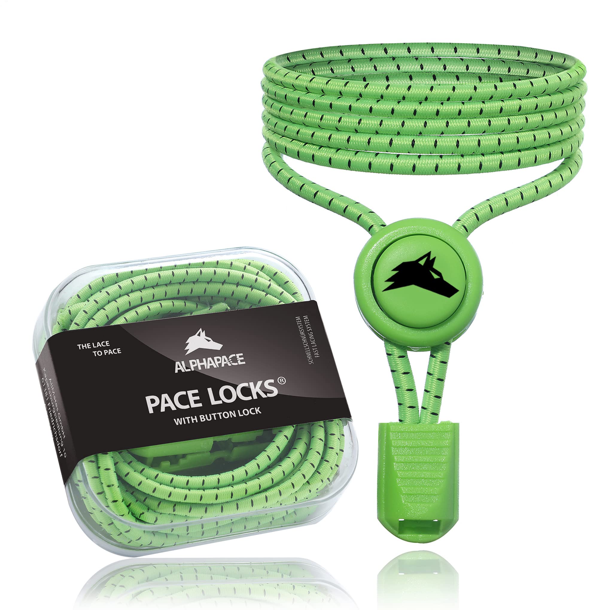 ALPHAPACE Pace Locks mit Button Lock Elastische Schnürsenkel, Schuhbänder ohne Schnüren, Slip-on Schnellverschluss für Sport, Jugend & ältere Menschen, 120 cm, 1-Paar in Neon-Green schwarze Streifen