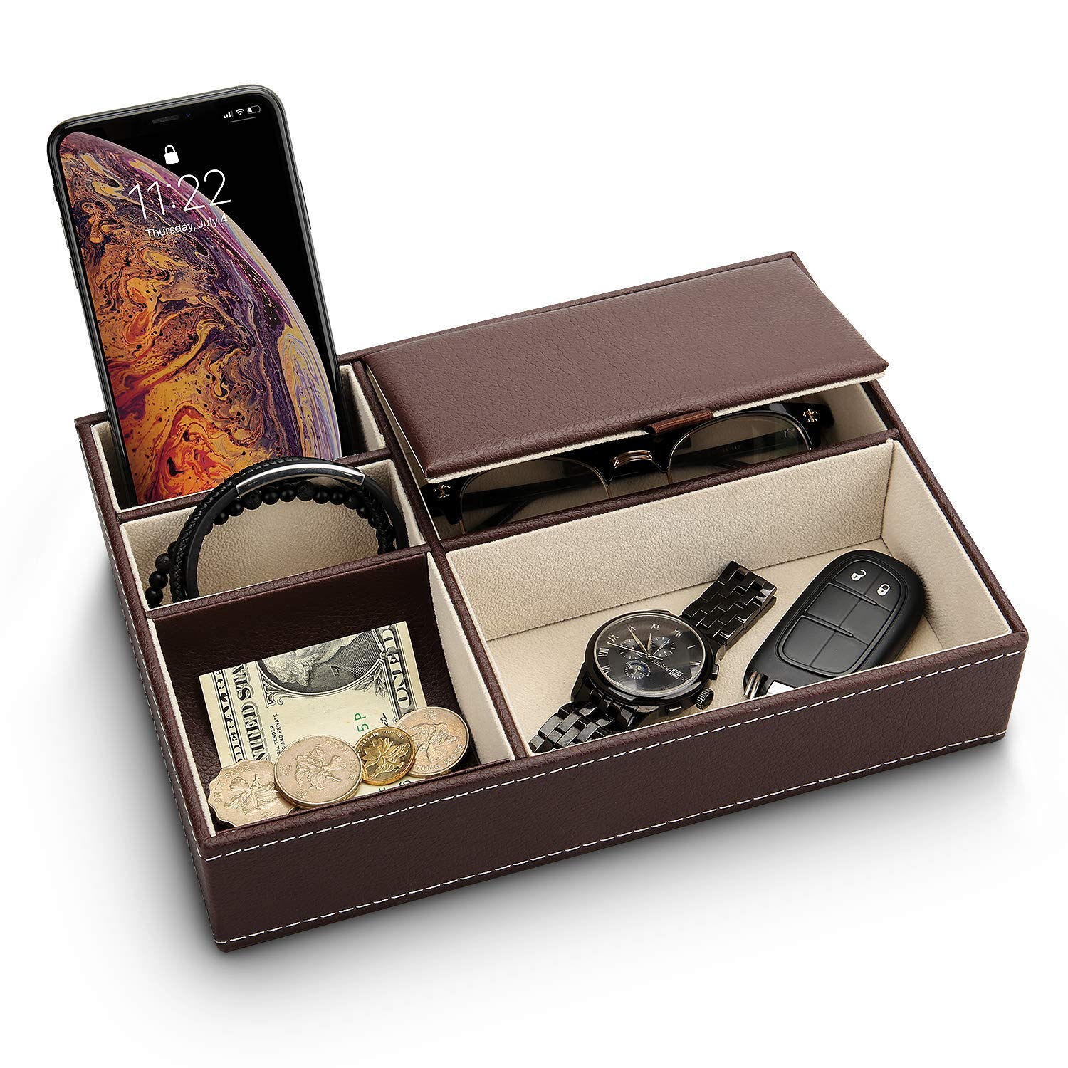 BAGILO Men And Women Leather Valet Tray|Dresser Organizer 5 Slot Jwellery Accessories Box For Watches, Sunglasses, Wallet, Cell Phone Key And Jewellery (Brown) (B0CFLTNRXK) Amazon Price History, Amazon Price Tracker