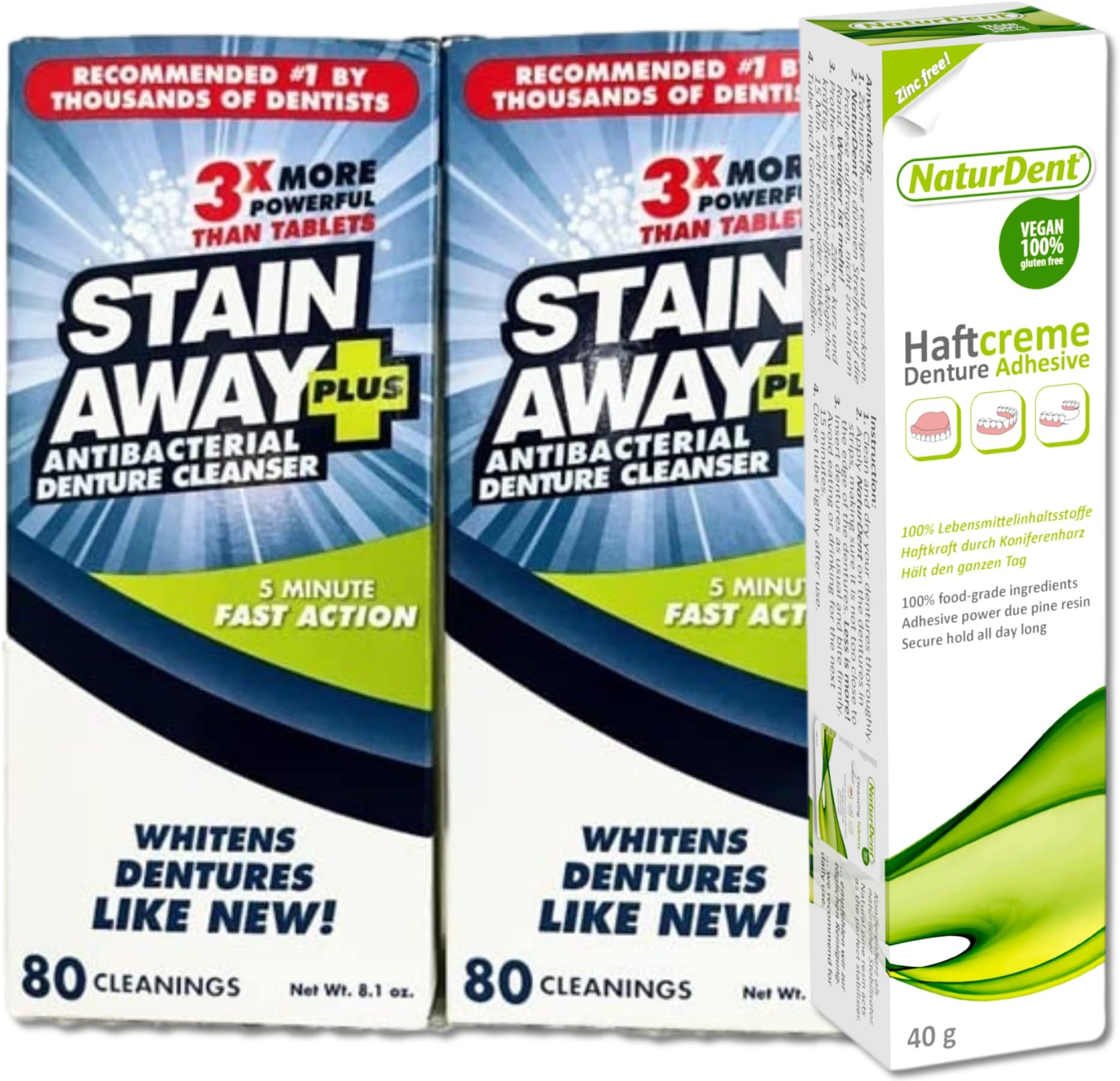 Stainaway Plus Denture Cleaner 160 Cleanings Bundle with Naturdent Denture Adhesive – Brightens Dentures, Fast Cleaning in 5 Mins, No Zinc, No Paraffin No Yucky Taste, Food Grade Ingredients
