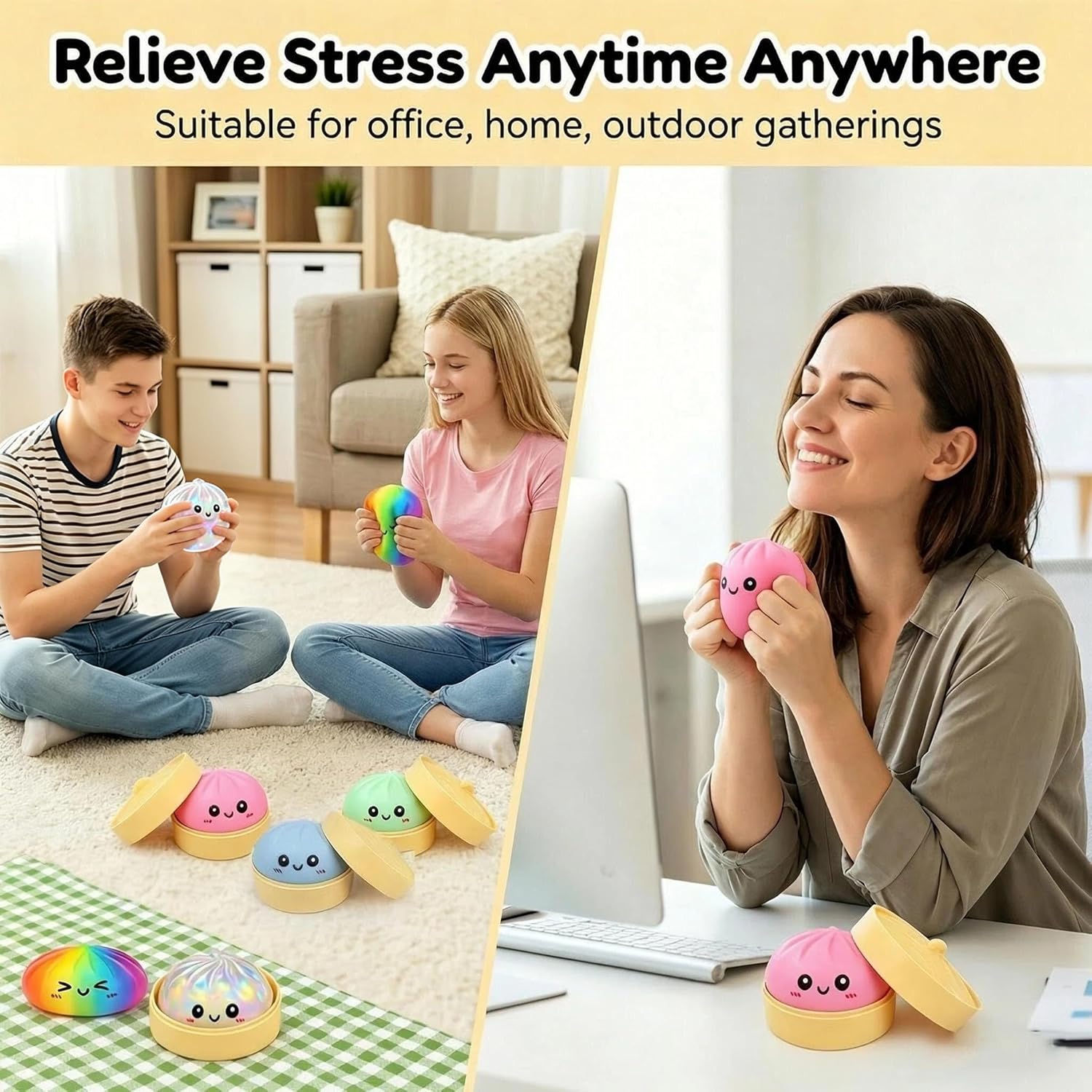 2PCS Dumpling Squishies Stress Balls,Colorful Squeeze Dough Ball Fidget Sensory Toys,Stretchy Hand Desk Toy with Food Steamer for Stress Relief Gift,Green&Blue