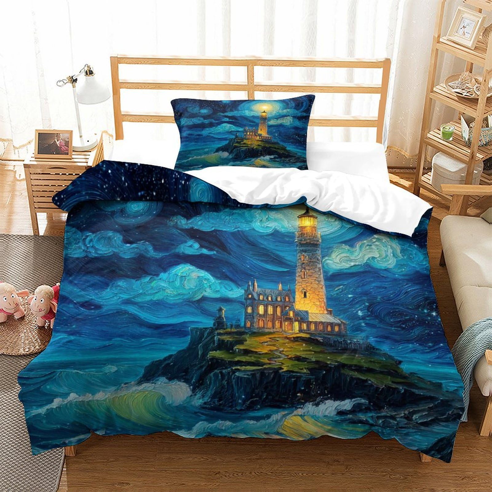 Housse de couette phare 3D literie microfibre respirante 135x200 single 3 pièces
