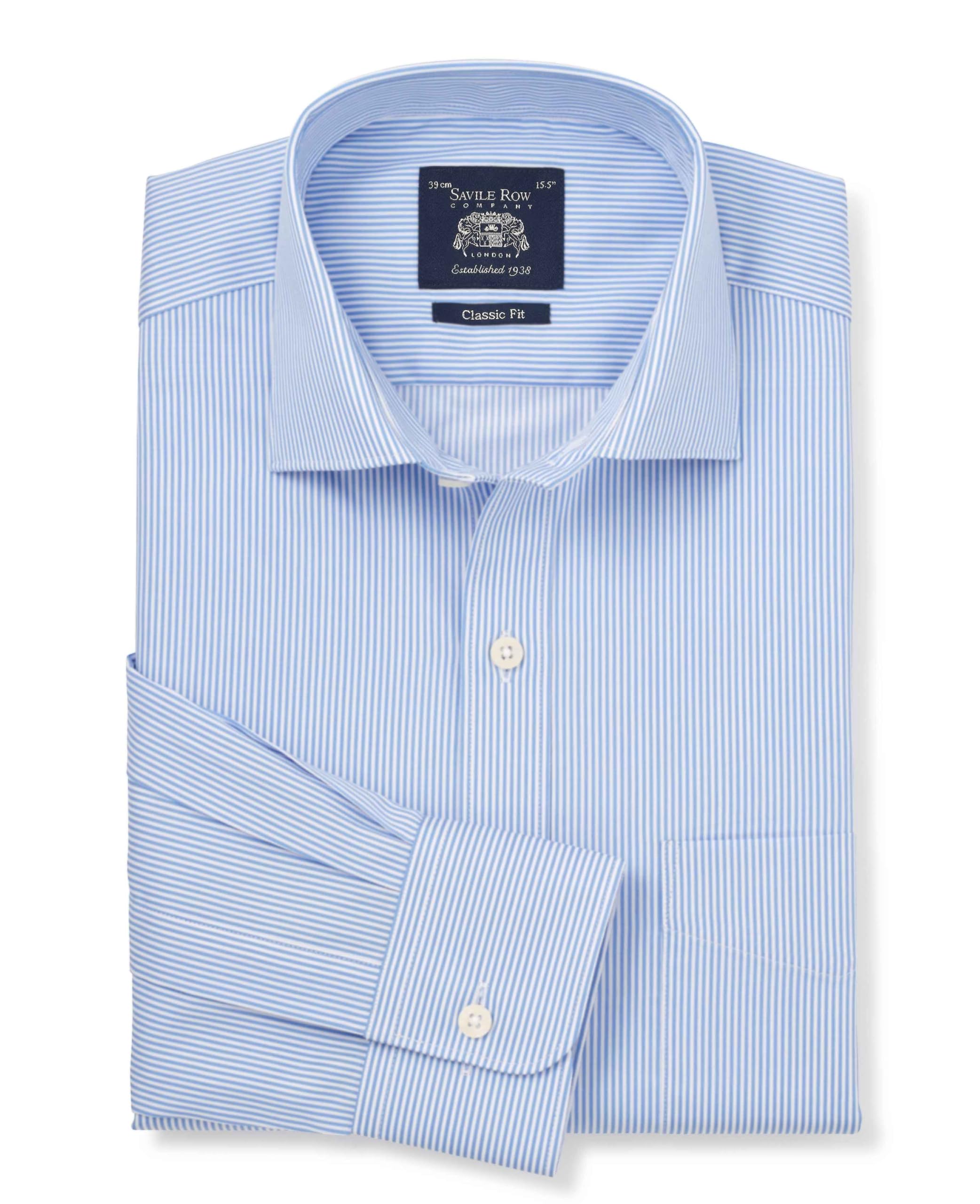 The Savile Row Company London Men's Blue Striped Classic Fit Cotton Twill Single Cuff Formal Shirt - 16.5" Collar - Standard
