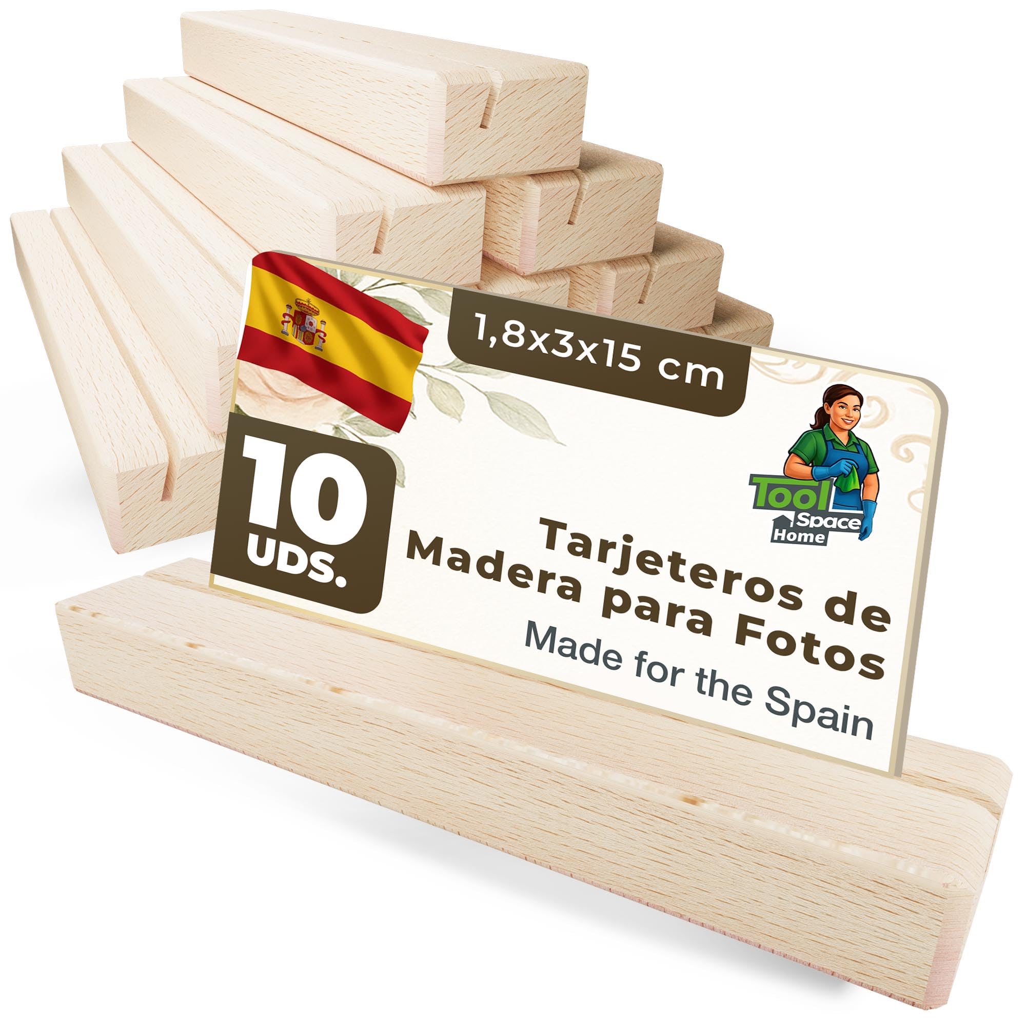 ToolSpace Soporte de Fotos de Madera - Soporte de Exhibición de Tarjetas de Menú de Madera - Soporte de Tarjetas de Visita - Soporte de Tarjetas de Visita de Madera de Haya Natural - 1.8x3x15 cm 10pcs