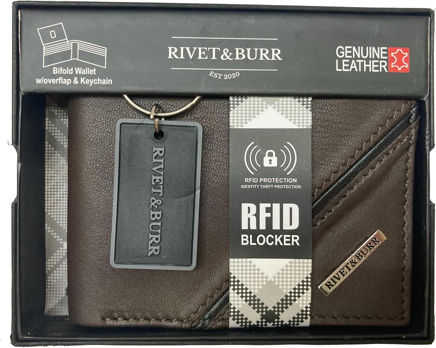 RIVET & BURR Genuine Leather Bifold Wallet for Men – RFID-Blocking Slim Wallet - Gift Box, Vanity Tray & Keychain with Textured Stripe Design & Metal Logo Badge - Image 6