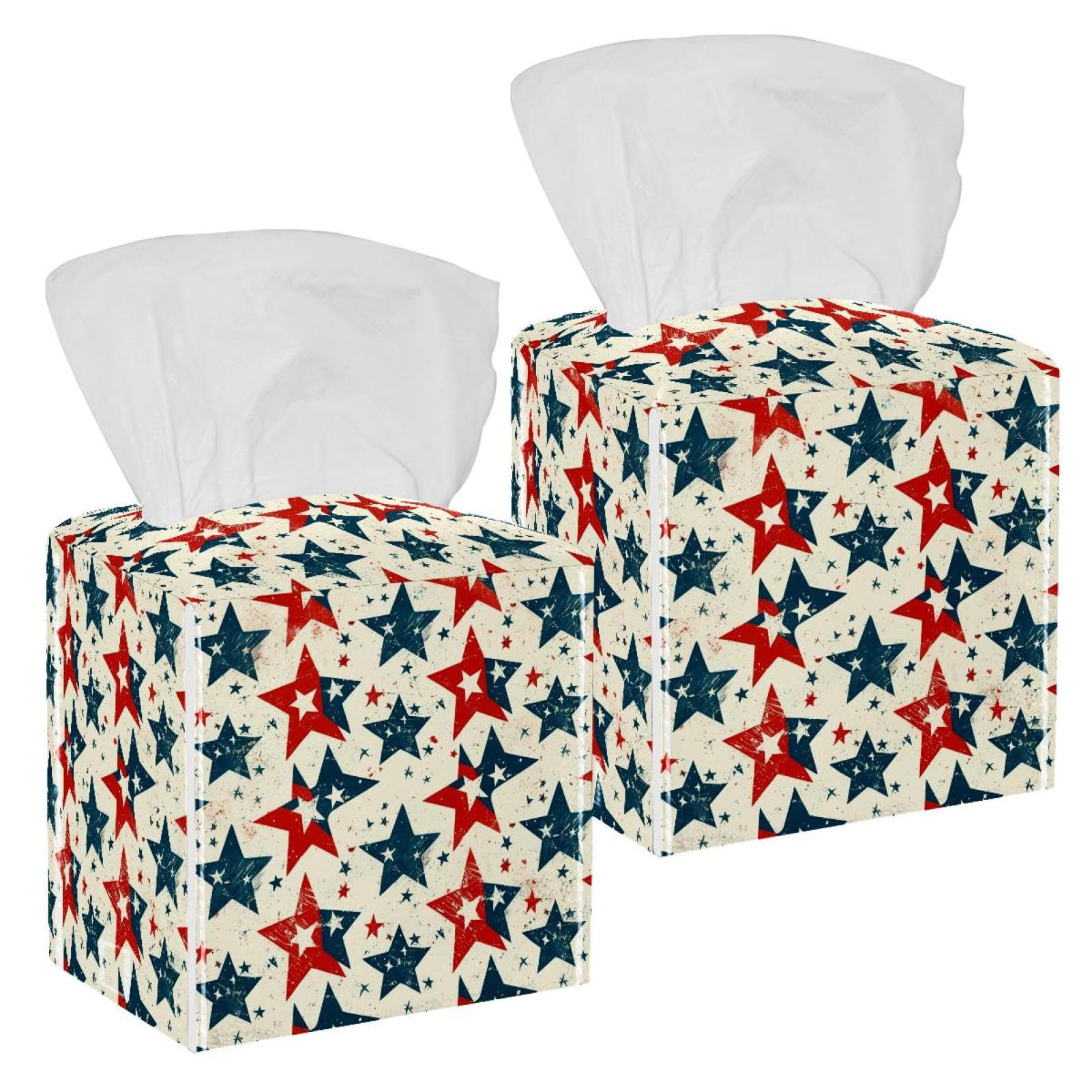 Retro American Stars Tissue Box Cover, 2 Pack PU Leather Square Facial Tissue Dispenser Box holder for Home Office Car