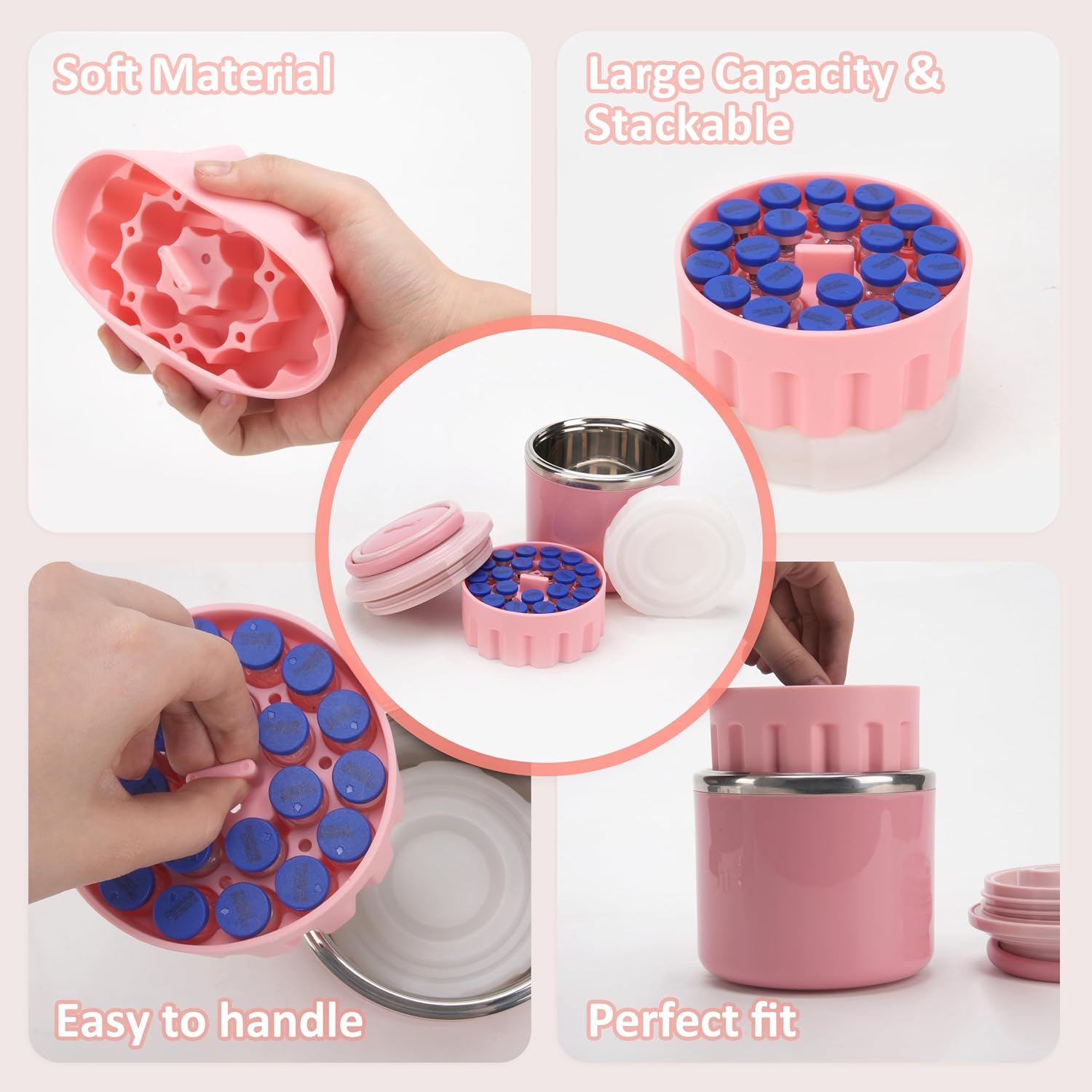 3ml Vial Storage Insert with Ice Pack & Food Jars, Long-Lasting Cooling Peptide Storage Set, Portable Cooler Cup for Diabetic Medication, Holds Up to 21 Vials, Pink (No Vials Included)