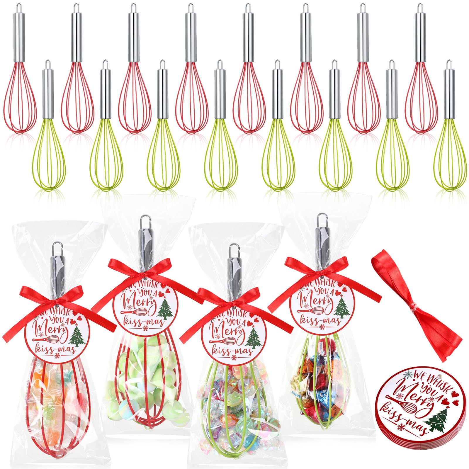 FoldTier 16 Sets 8 Inch Christmas Whisks Gifts DIY Fillable Christmas Tree Ornaments Xmas Colored Silicone Whisks for Cooking Heat Resistant Egg Beaters with Card Rope Bag for Candy Holder