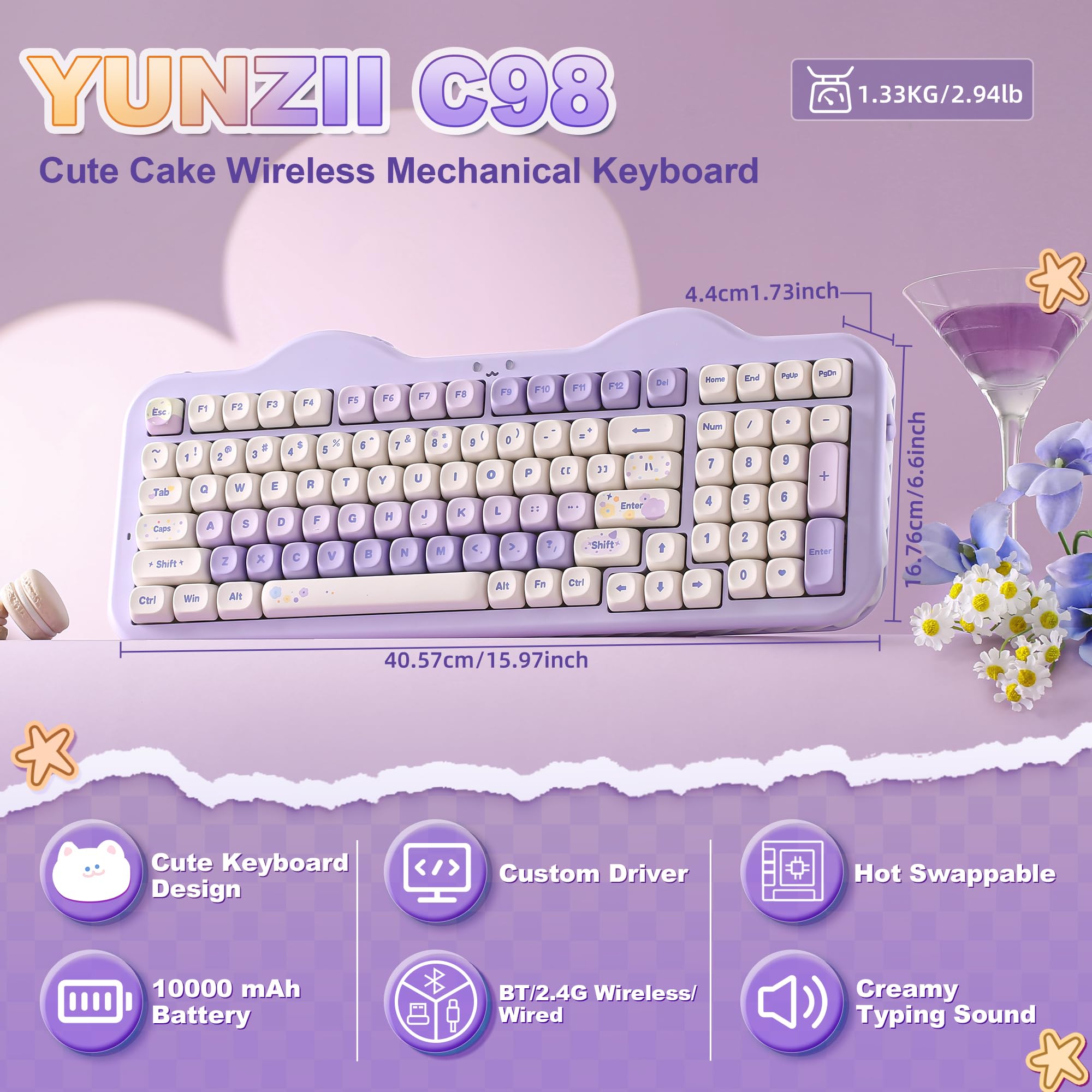 YUNZII C98 Bezprzewodowa klawiatura mechaniczna z klawiaturą numeryczną, BT5.0/2.4G/USB-C Hot Swap Gasket Mount z klawiszami PBT MOA, konfigurowalne podświetlenie RGB (Purple, Candy Linear Switch)