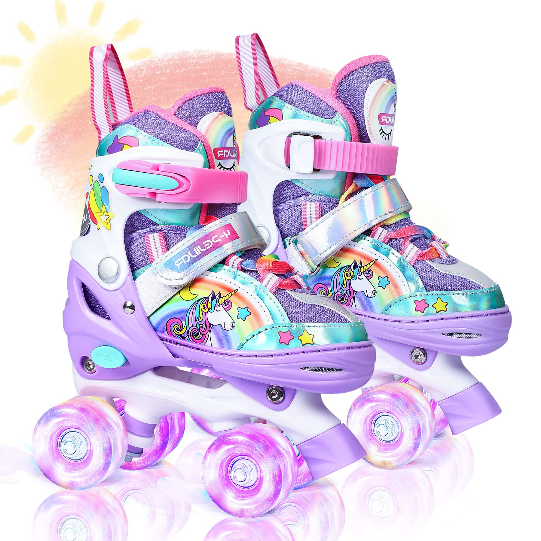 4-Pejiijar Rainbow Unicorn Kids Roller Skates for Girls Toddler Ages 2-4 5-8 8-12,Adjustable Roller Shoes with Luminous Wheels for Birthday Xmas Gifts