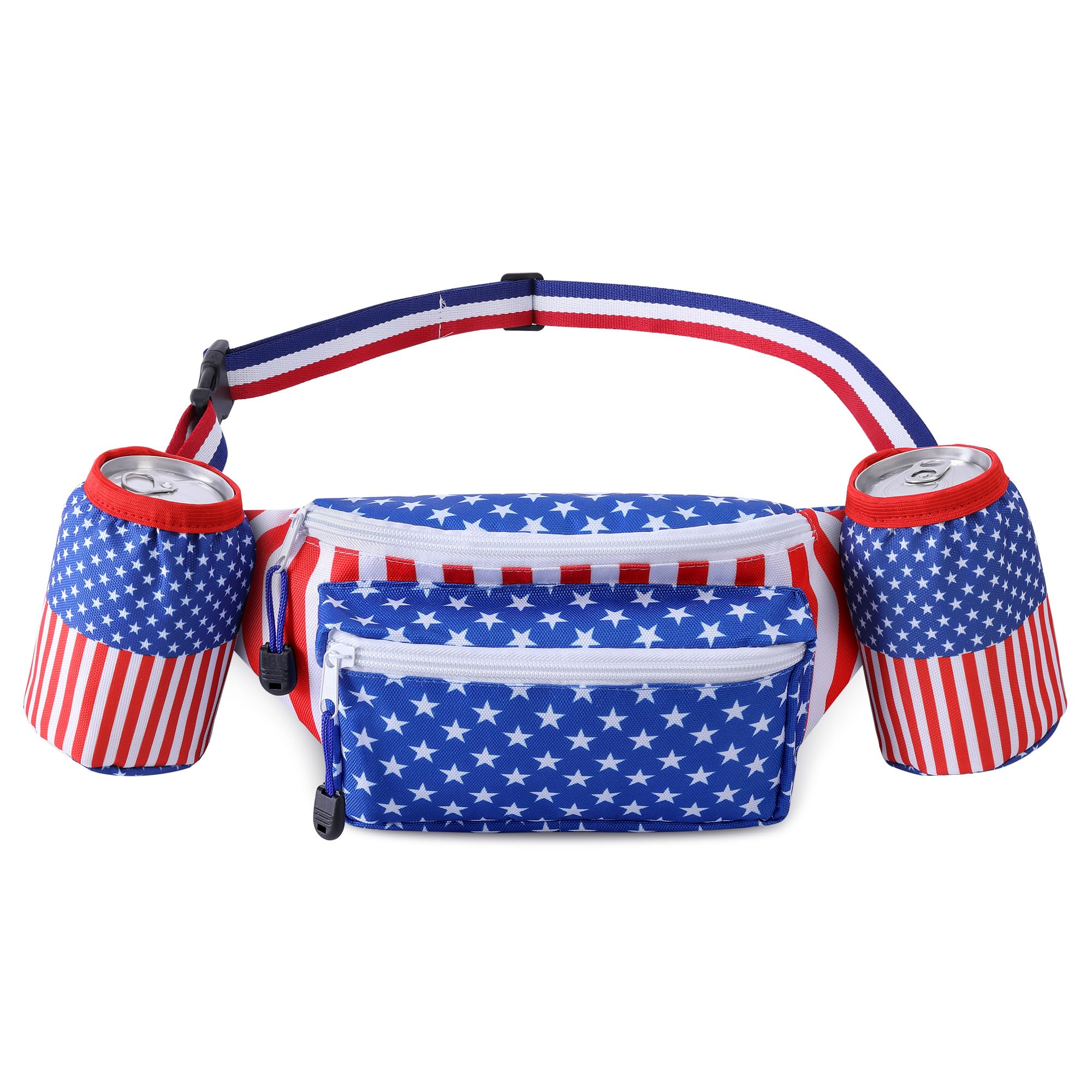 Wehhbtye 4th of July Fanny Pack, Patriotic Waist Pack with 2 Drink Carrier, Adjustable USA Flag Belt Bag for Women Men Independence Day Themed Party