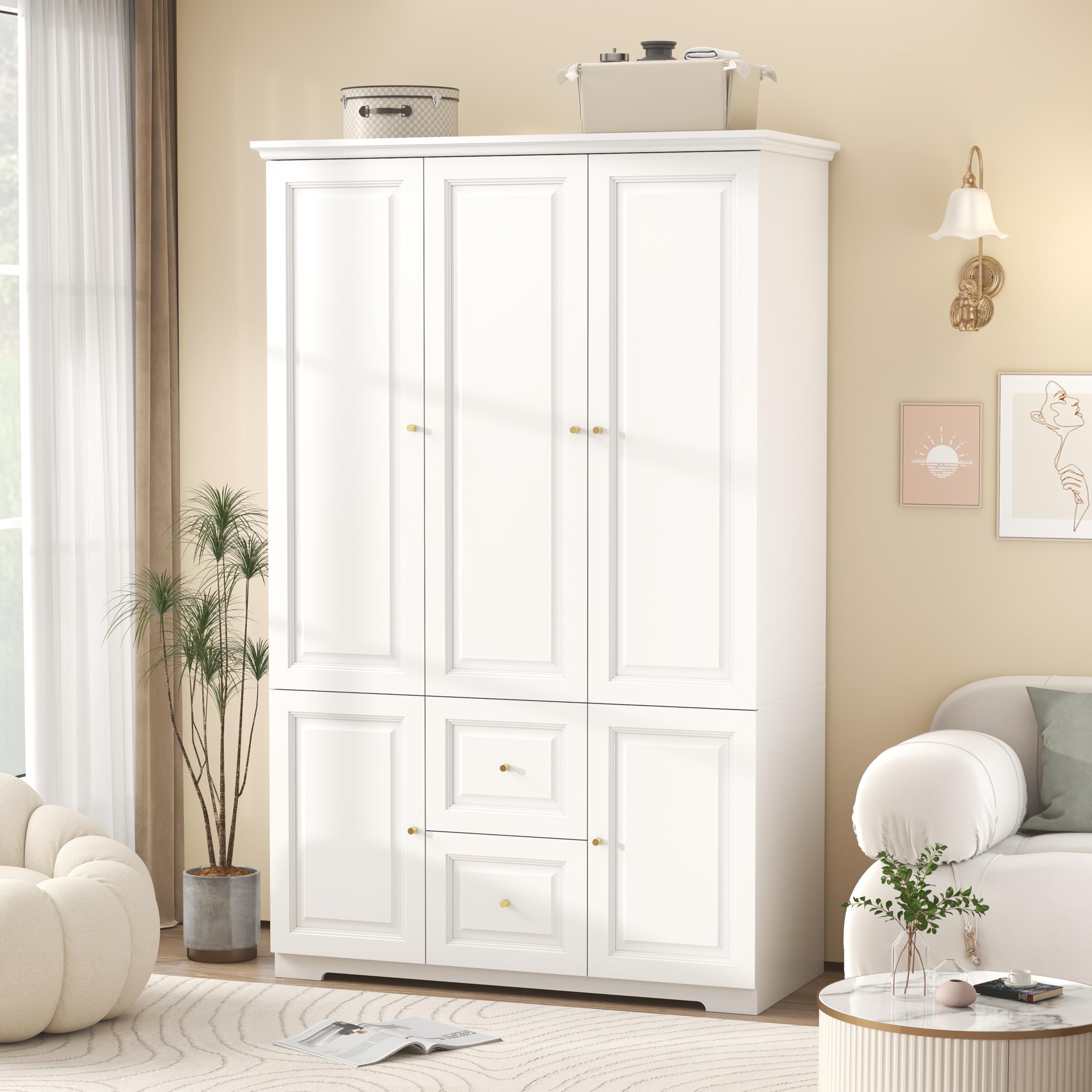 Mhsatyrs White Armoire Wardrobe Closet with Drawers: Wardrobe Closet for Hanging Clothes, Modern Bedroom Armoires with Hanging Rod, Wardrobes Closets with Doors and Shelves (White, 47