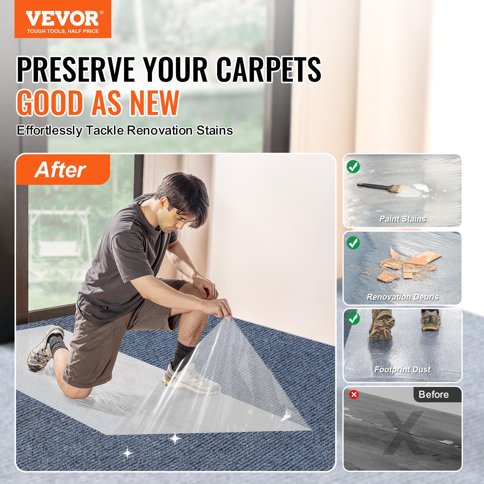 VEVOR Film de Protection de Tapis, 920 mm x 60,96 m, Protecteur de Tapis avec Dos Auto-adhésif, Rouleau de Film Protection Adhésif Polyéthylène pour Construction, Décoration et Rénovation Intérieur