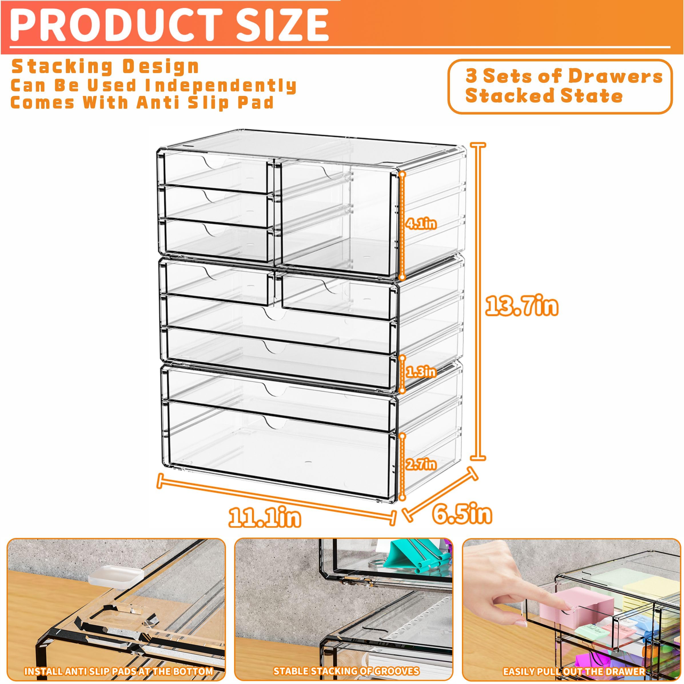 Organizer per cassetti in acrilico, impilabile, 28,2 cm, grandi cassetti trasparenti e organizer per trucchi per vanità, piano di lavoro del bagno, armadietto, dispensa, contenitori per forniture per