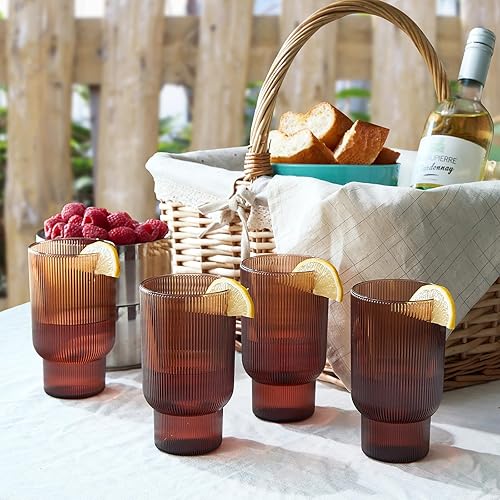 Miniatura 4 de Juego de 4 vasos altos de acrílico inastillables, estilo europeo, aptos para lavavajillas, acanalados, juego de 4, tritán estriado, plástico