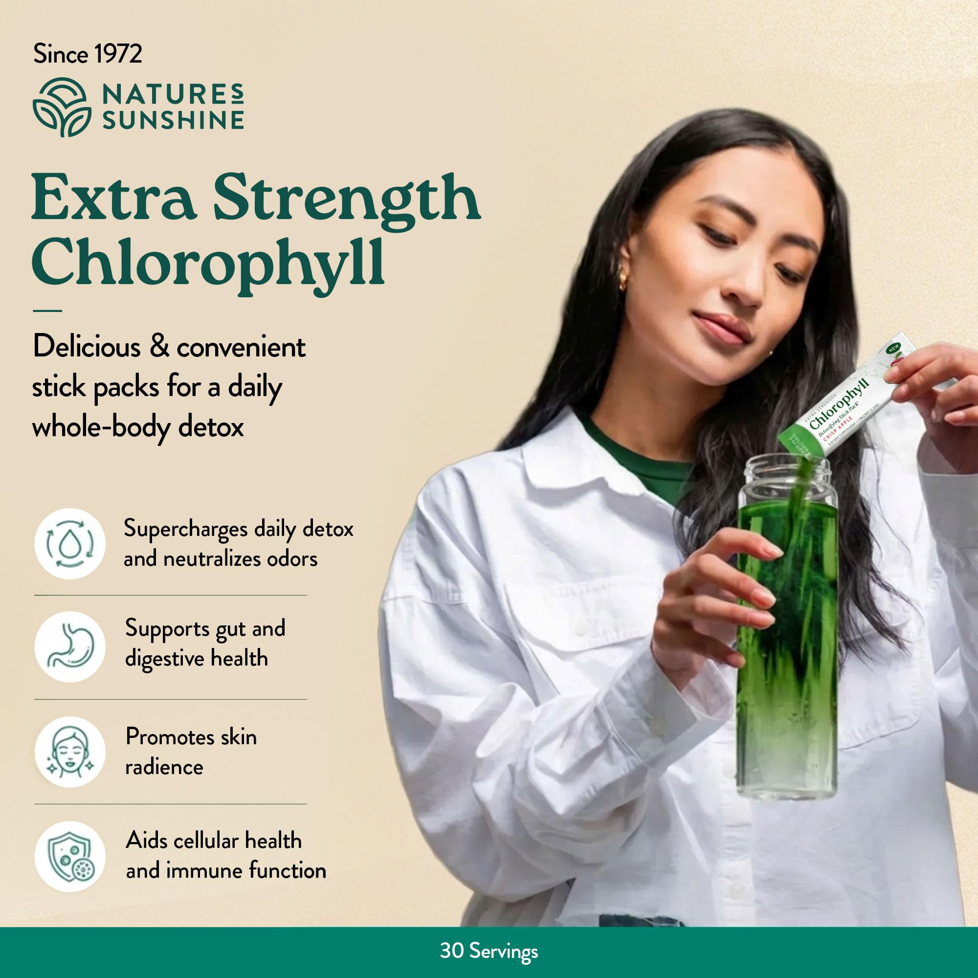 Nature's Sunshine Chlorophyll Packets - Detox, Cleanse & Immune Support Chlorophyll Powder, Internal Deodorant Supplement - 30 Sticks (Crisp Apple) — Amazon image 2